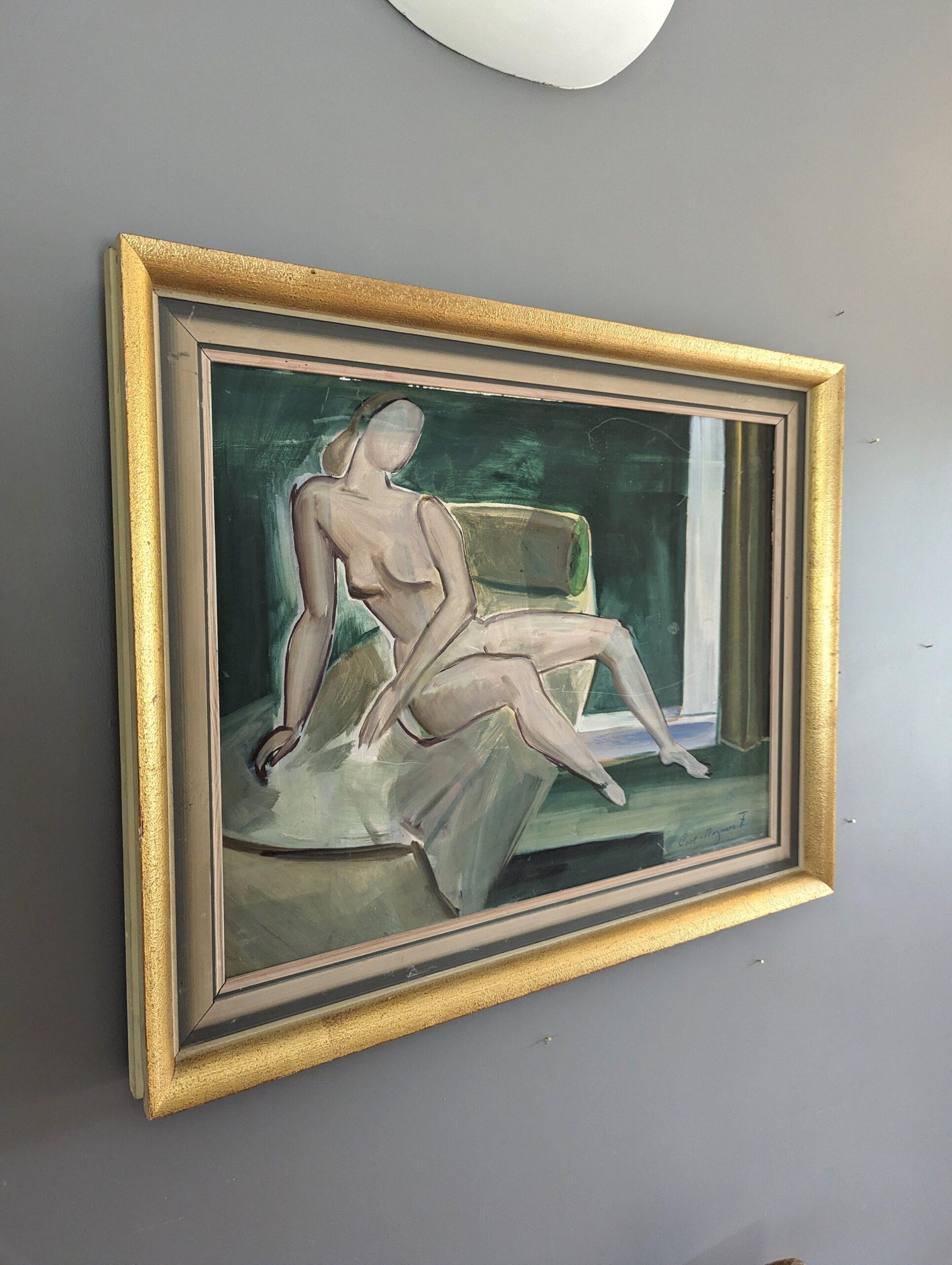 Pittura ad olio figurativa d'epoca della metà del secolo scorso - Nudo su divano - Nude Painting Marrone di Unknown