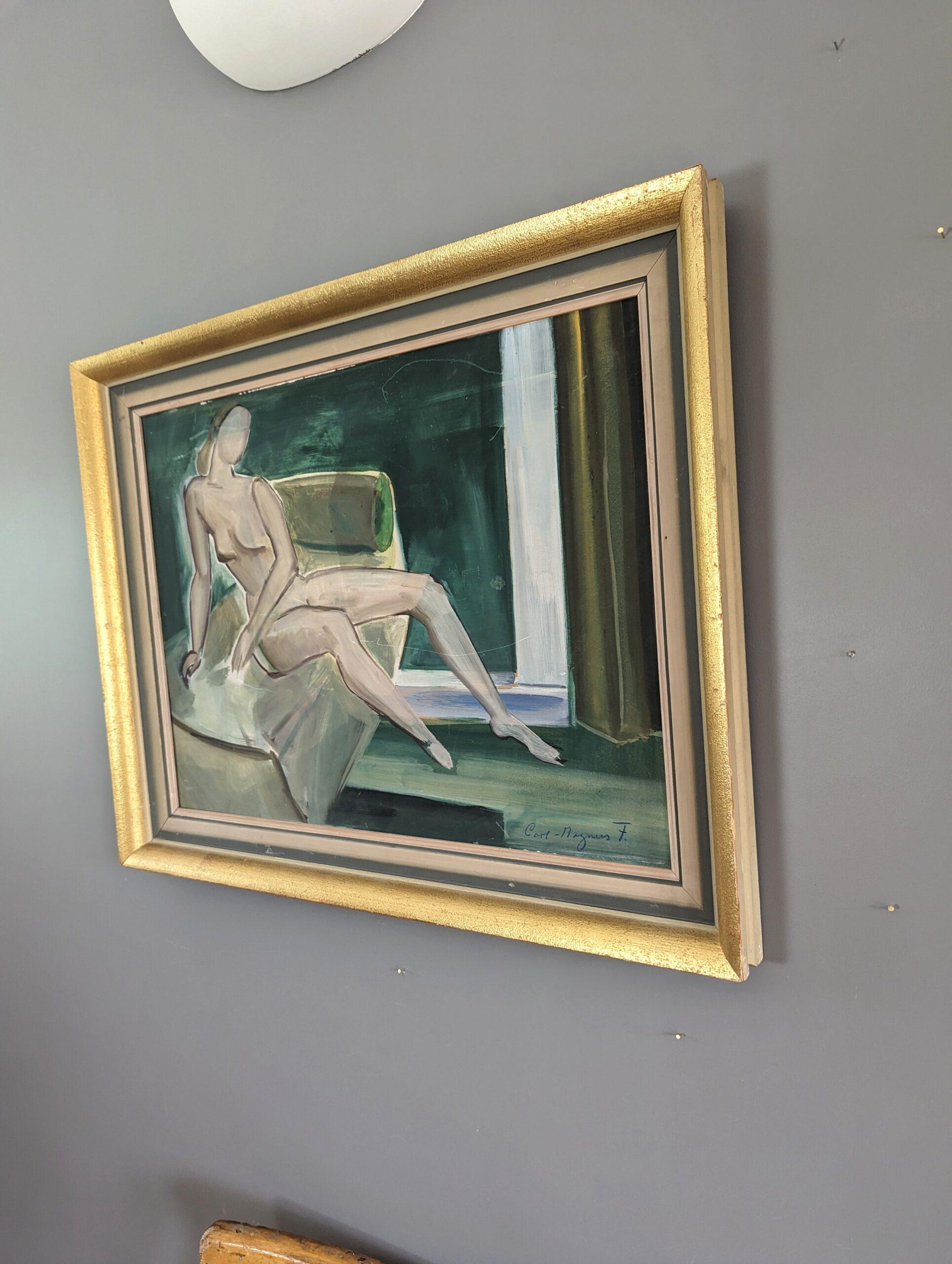 NUDO SUL DIVANO
Dimensioni: 52,5 x 66,5 cm (cornice inclusa)
Olio su tavola

Una composizione di nudo modernista di metà secolo ben eseguita, dipinta a olio su tavola.

Questo studio di nudo a olio presenta una figura seduta su un lettino da giorno.