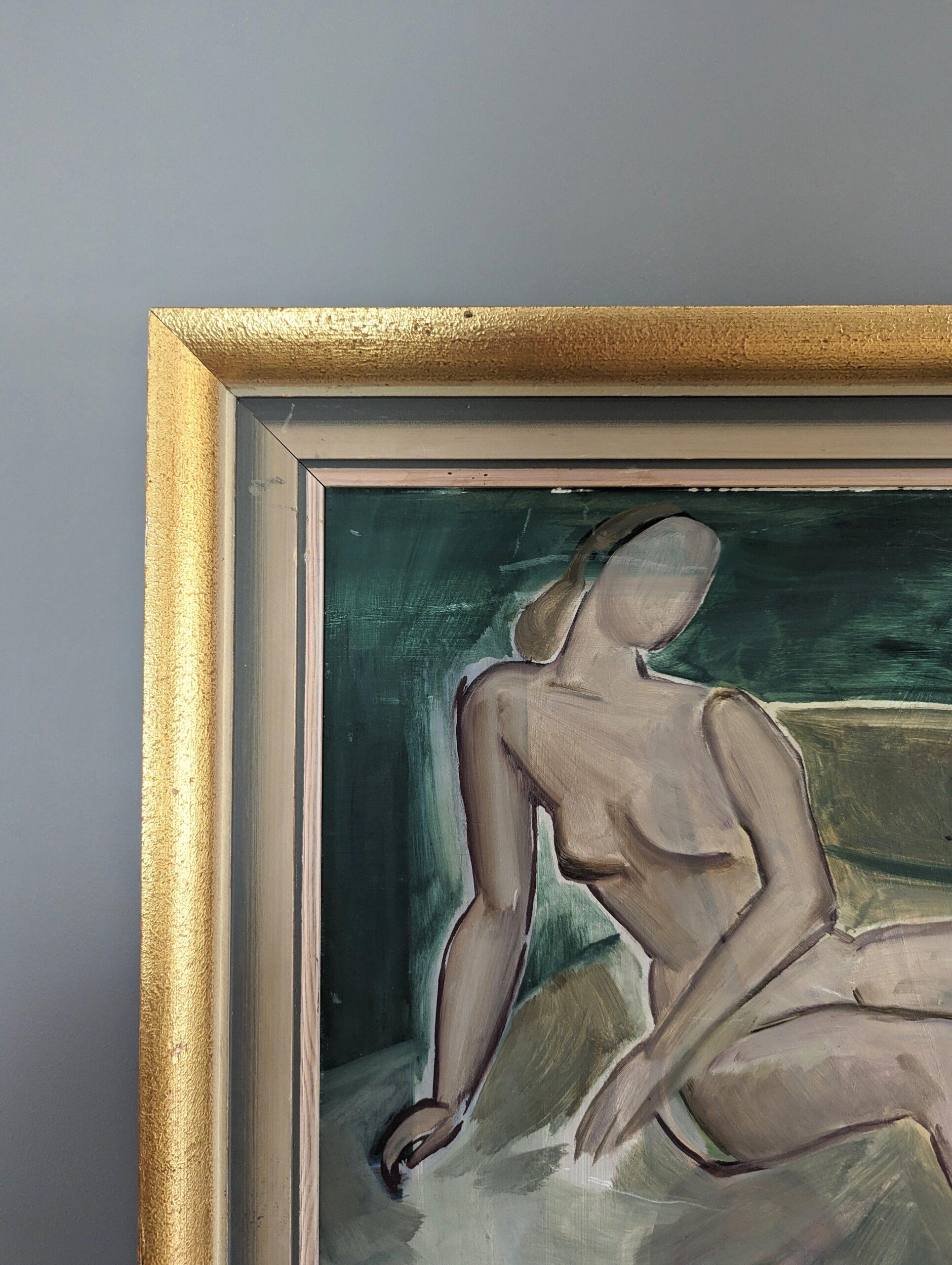 Pittura ad olio figurativa d'epoca della metà del secolo scorso - Nudo su divano 1
