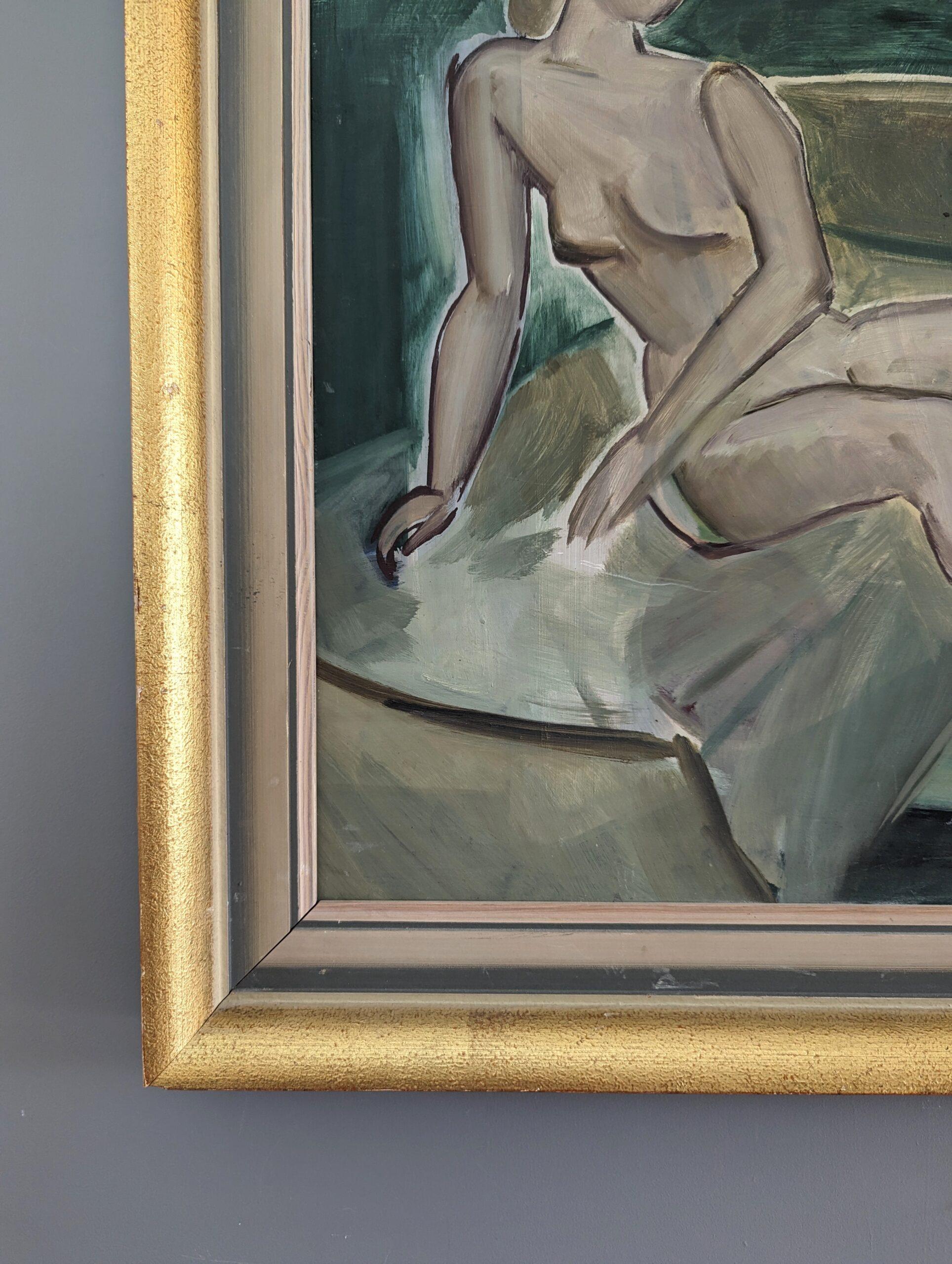 Pittura ad olio figurativa d'epoca della metà del secolo scorso - Nudo su divano 2