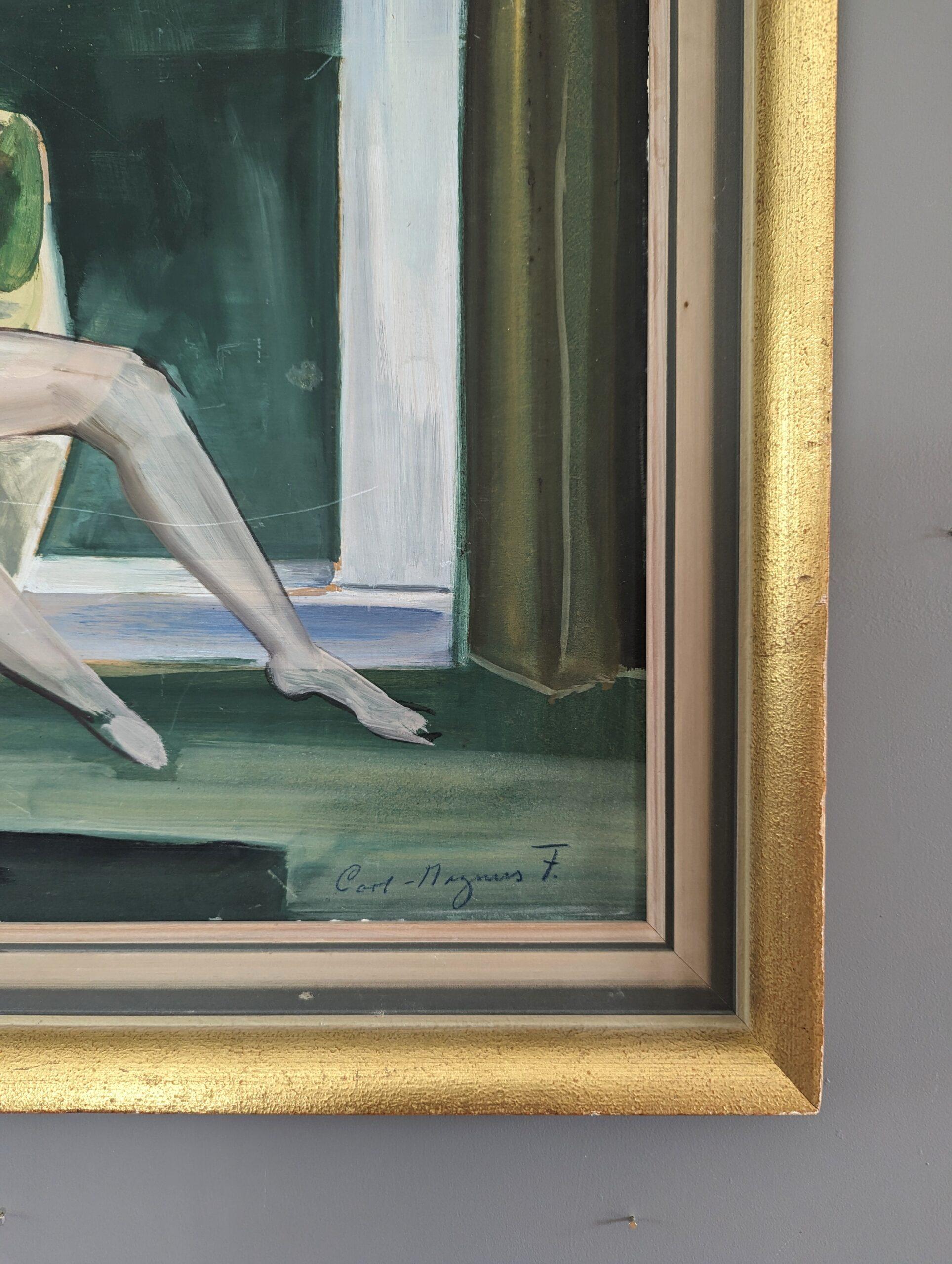 Pittura ad olio figurativa d'epoca della metà del secolo scorso - Nudo su divano 3