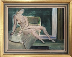 Pittura ad olio figurativa d'epoca della metà del secolo scorso - Nudo su divano