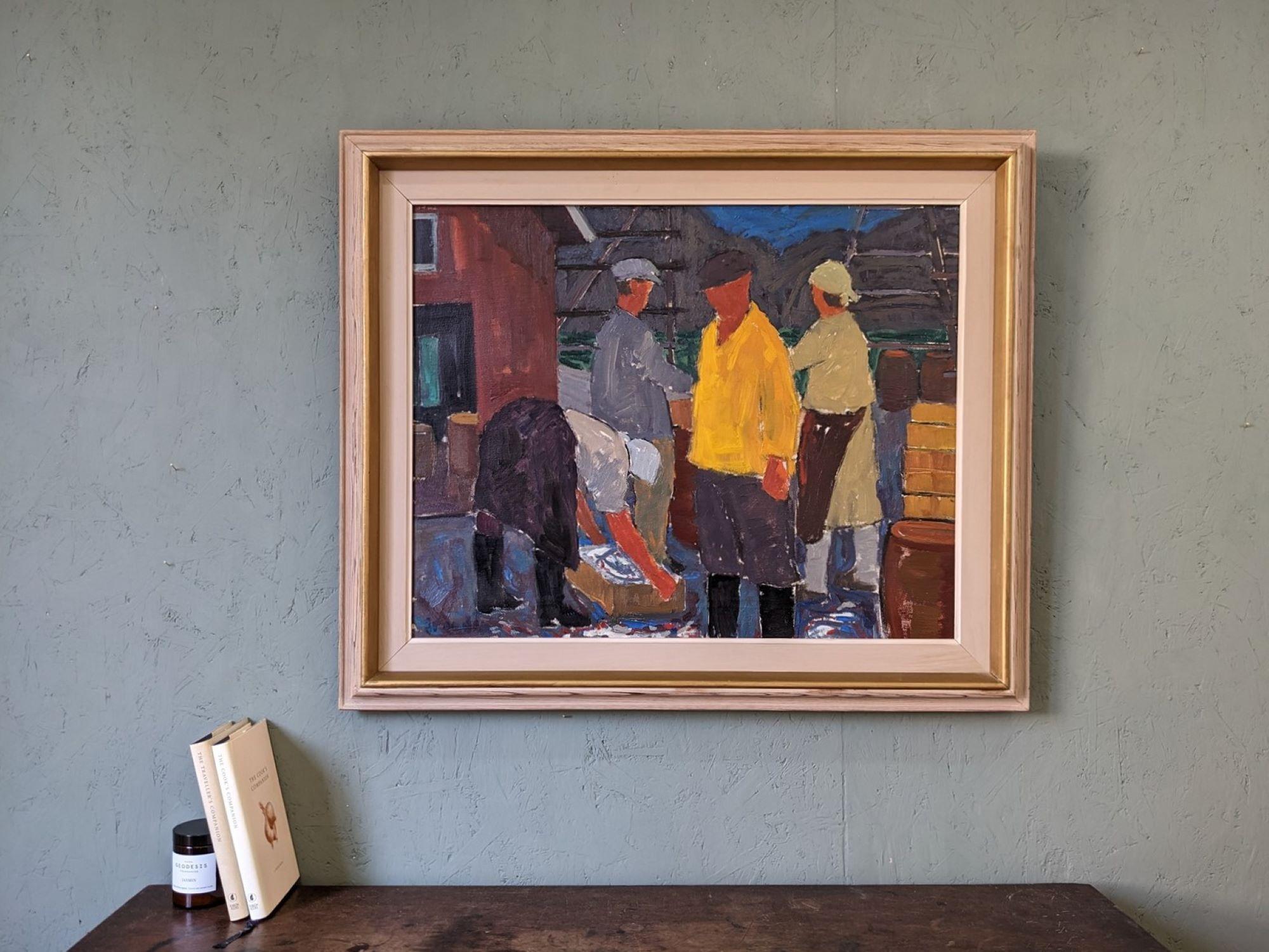 Pittura a olio figurativa vintage di metà secolo raffigurante un pescatore - Cattura costiera 8