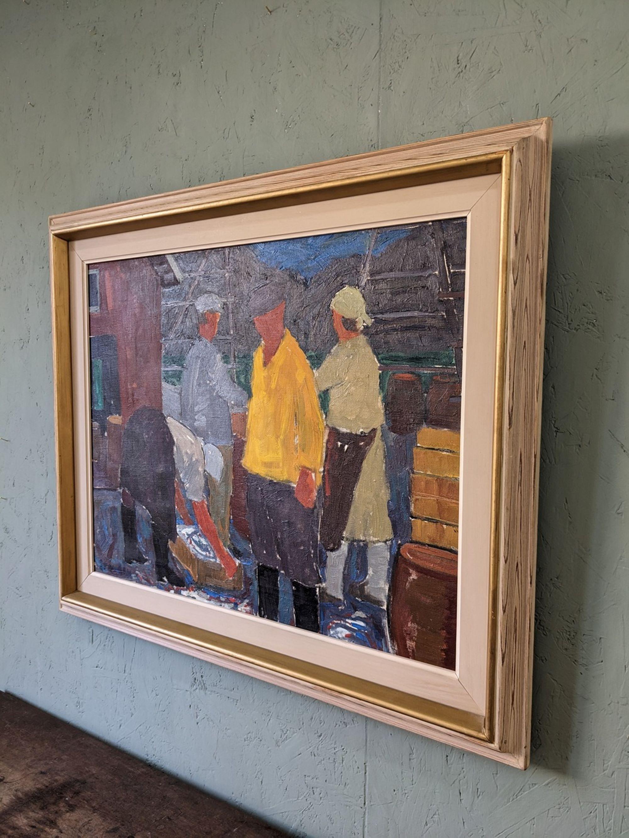 COASTAL CATCH
Size: 55 x 69 cm (including frame)
Oil on canvas

A vibrant and lively mid-century narrative painting, executed in oil onto canvas.

At the center of the painting, a group of 4 figures are portrayed beside a coast and a hut. They are