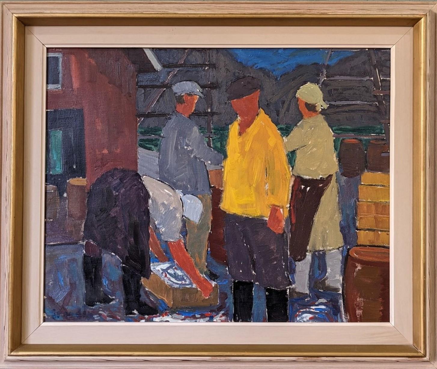 Unknown Figurative Painting - Vintage Mid-Century Figurative Oil Painting of Fisherman - Coastal Catch