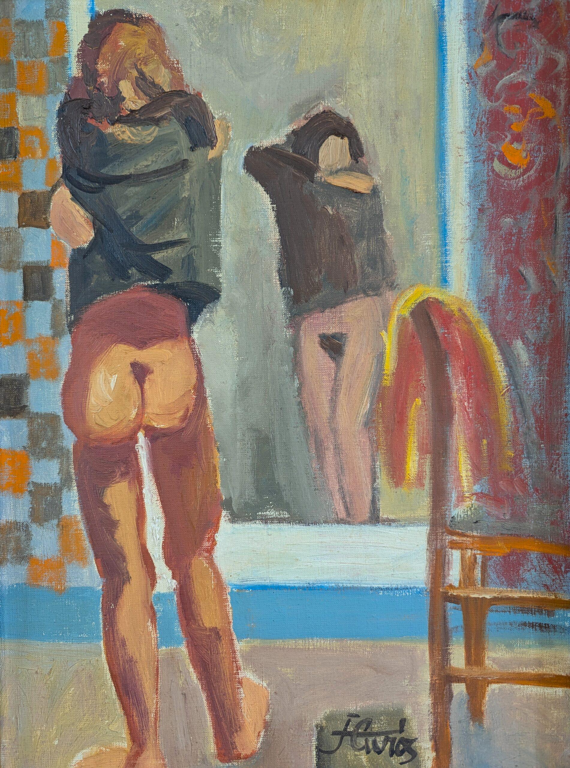 Pittura ad olio figurativa d'epoca della metà del secolo scorso - Undress 6