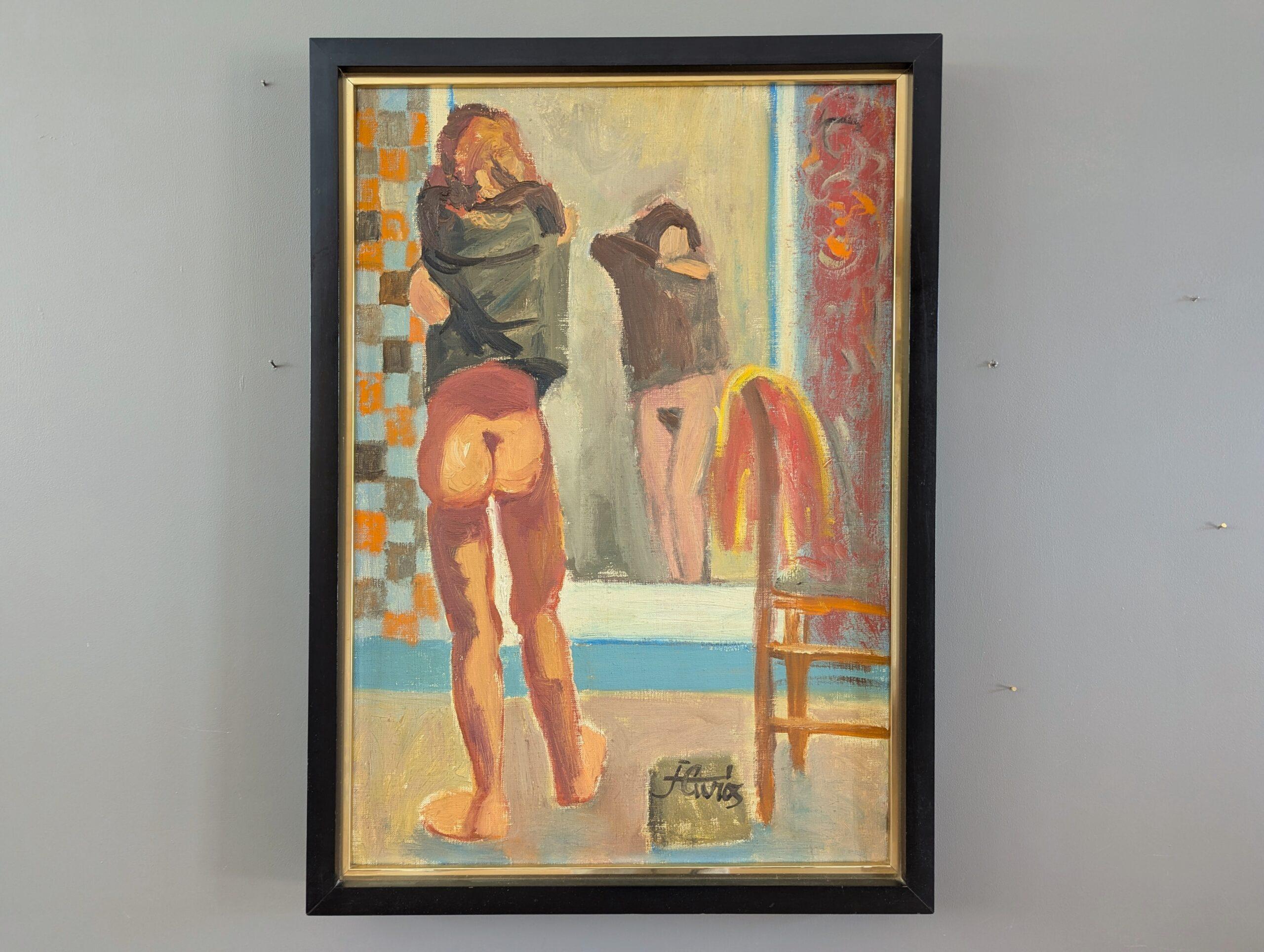 Pittura ad olio figurativa d'epoca della metà del secolo scorso - Undress - Painting di Unknown