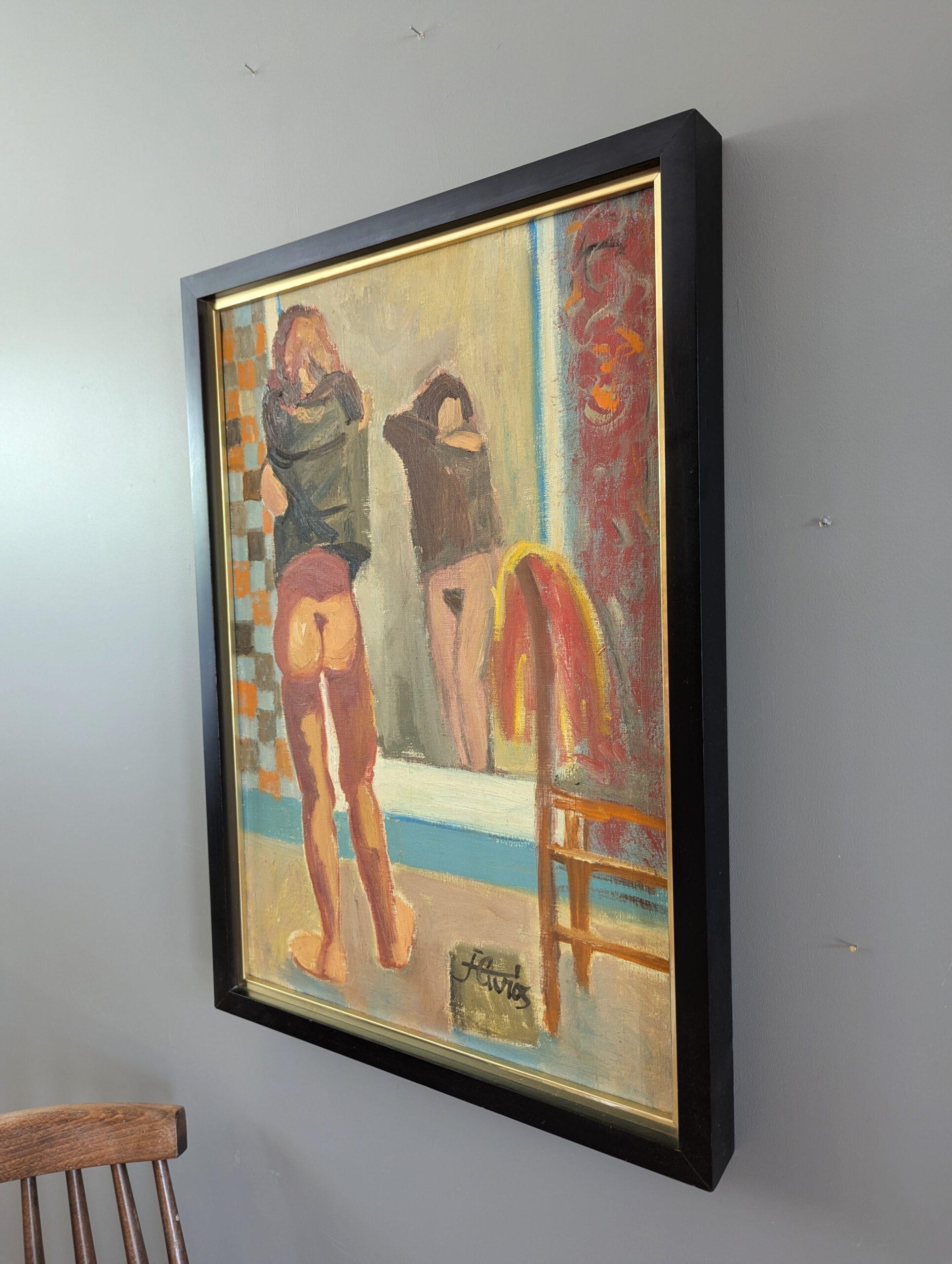 Pittura ad olio figurativa d'epoca della metà del secolo scorso - Undress 1