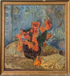 Vintage Mid-Century Floral Still Life Framed Oil Painting - Orange Bouquet