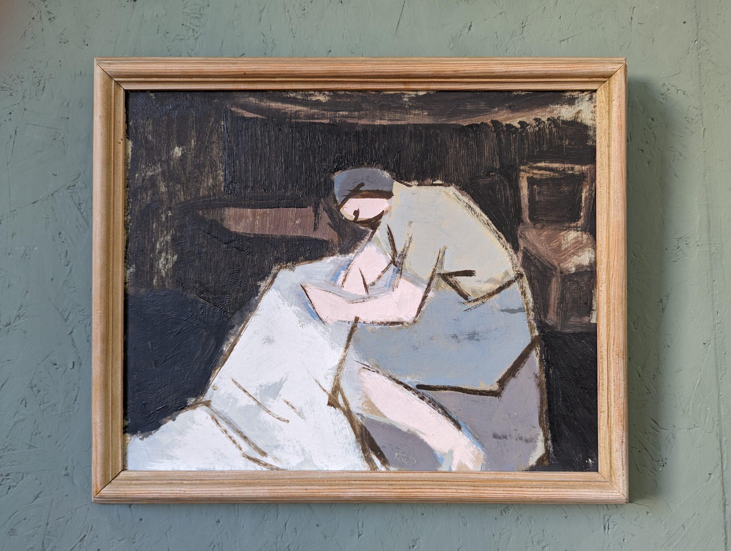 UNINTERRUPTED
Size: 39 x 47 cm (including frame)
Oil on board

An enigmatic mid-century semi-abstract figurative oil painting, that masterfully contrasts light and dark elements.

In a mysterious, dark black room rendered with swift and expressive