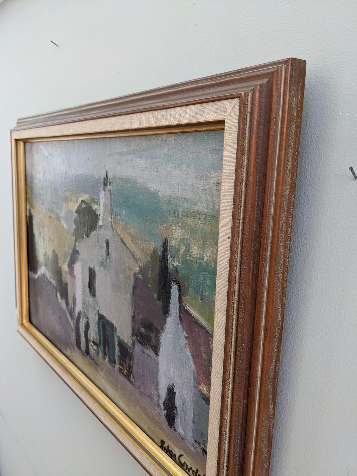 Vintage Mid Century Framed Abstract Landscape Oil Painting - French Town 1