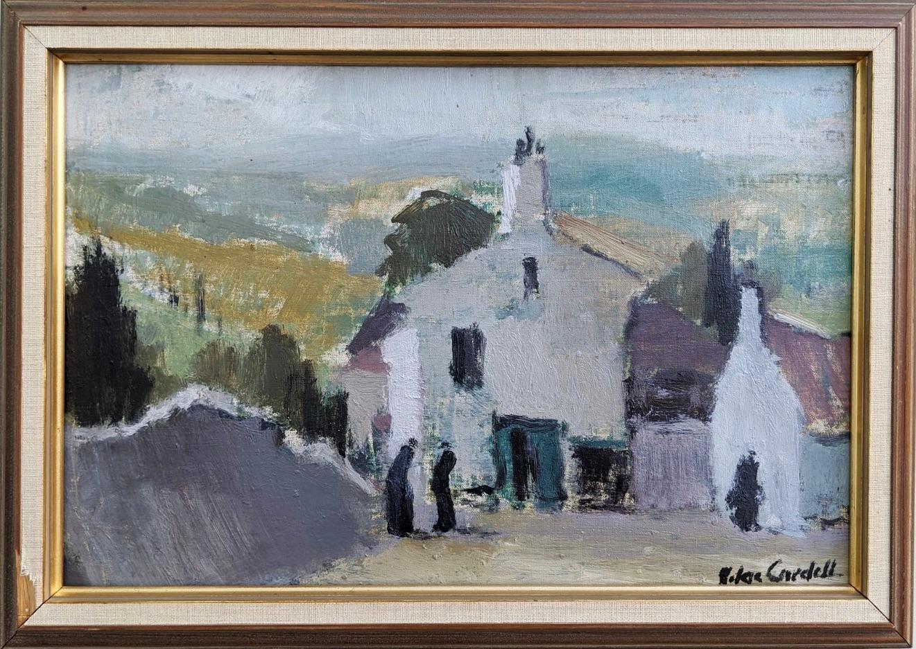 Unknown Landscape Painting - Vintage Mid Century Framed Abstract Landscape Oil Painting - French Town