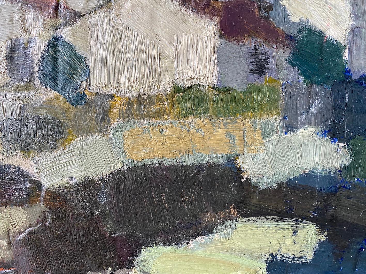 HOUSES ON A HILL
Size: 28.5 x 51 cm (including frame)
Oil on Board

A wonderfully textured mid-century landscape oil painting, depicting a row of houses on a hill top.

Largely abstract in composition, the artist focuses on colour contrasts to