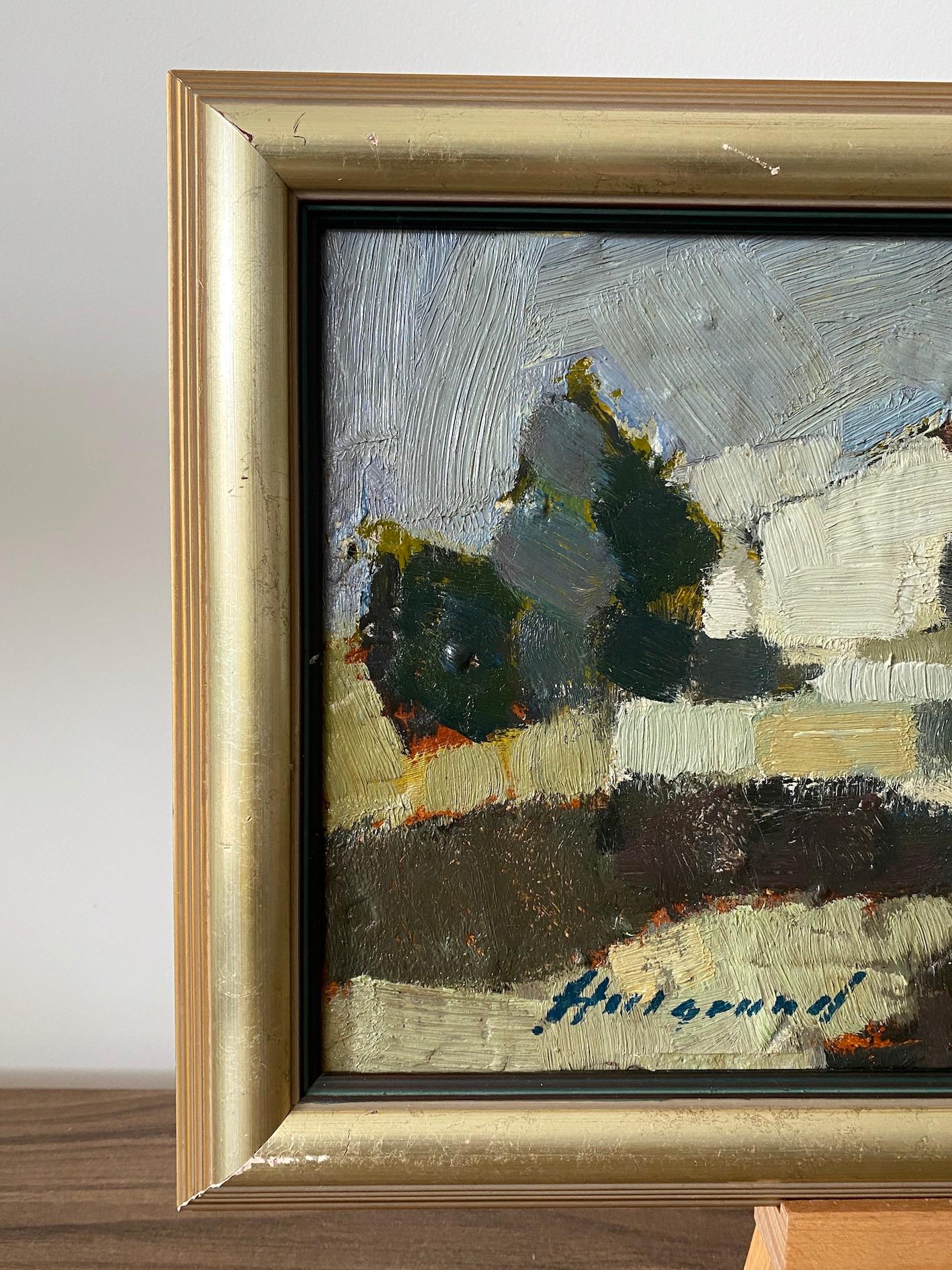 Vintage Mid Century Framed Abstract Landscape Oil Painting - Houses on a Hill 2
