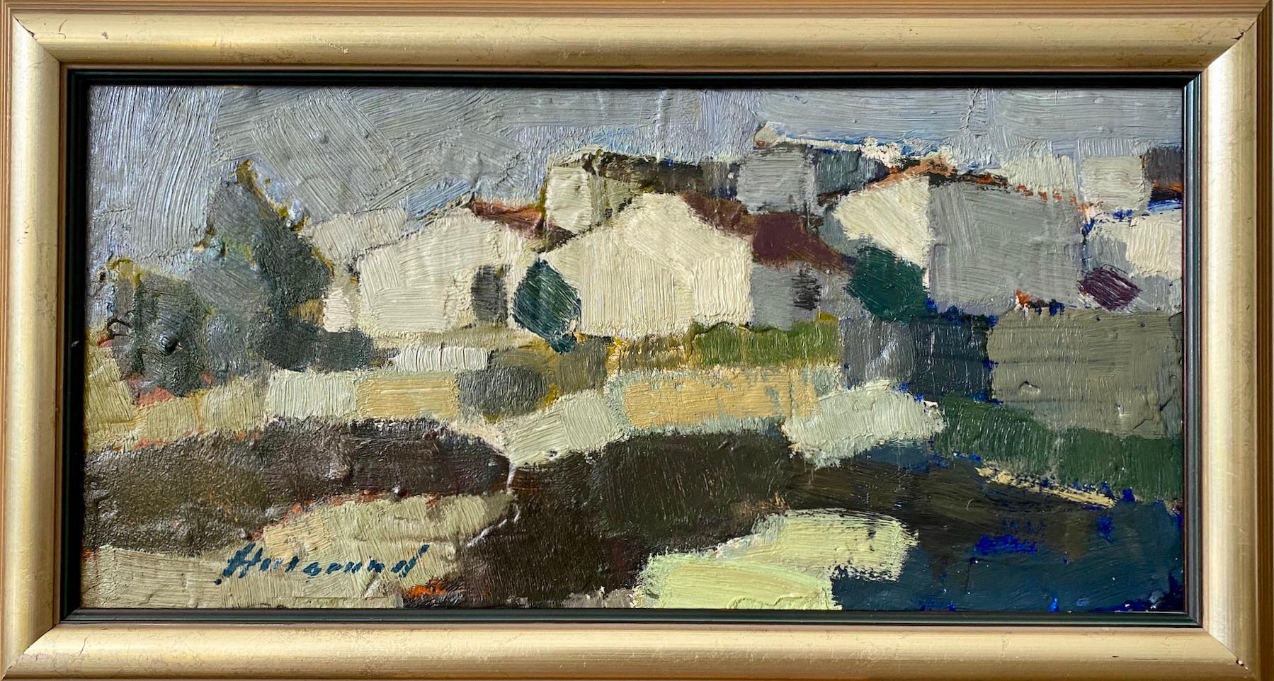 Unknown Abstract Painting - Vintage Mid Century Framed Abstract Landscape Oil Painting - Houses on a Hill