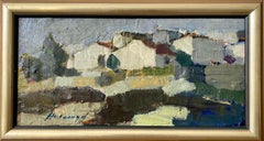 Vintage Mid Century Framed Abstract Landscape Oil Painting - Houses on a Hill