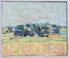 Vintage Mid-Century Framed Abstract Landscape Oil Painting - Meadow Houses