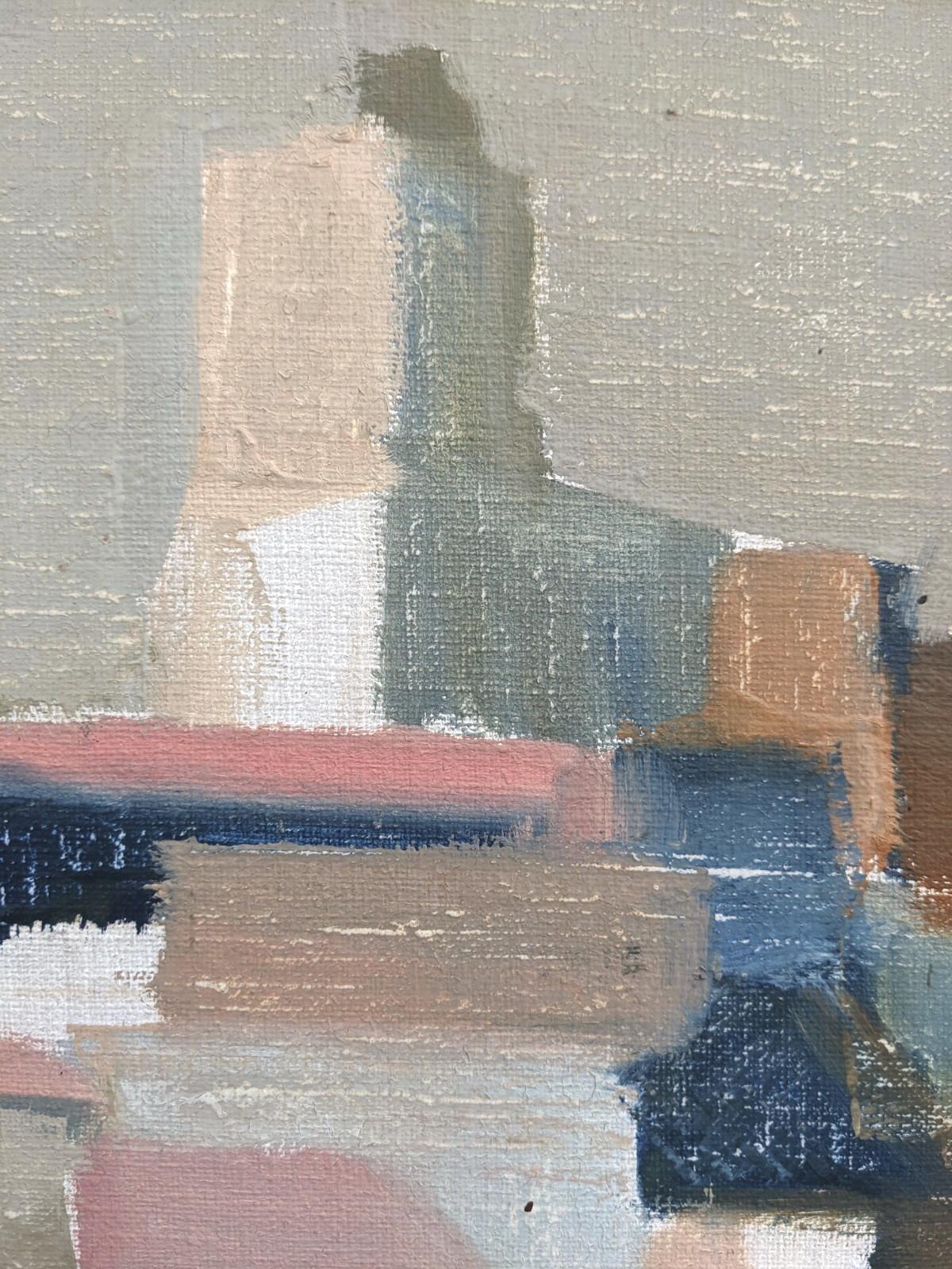 URBANSCAPE
Size: 57 x 49 cm (including frame)
Oil on board

A very well executed mid century townscape painted in oil onto board.

The artist has eliminated all details and has reduced the forms of the buildings down into simple yet very effective