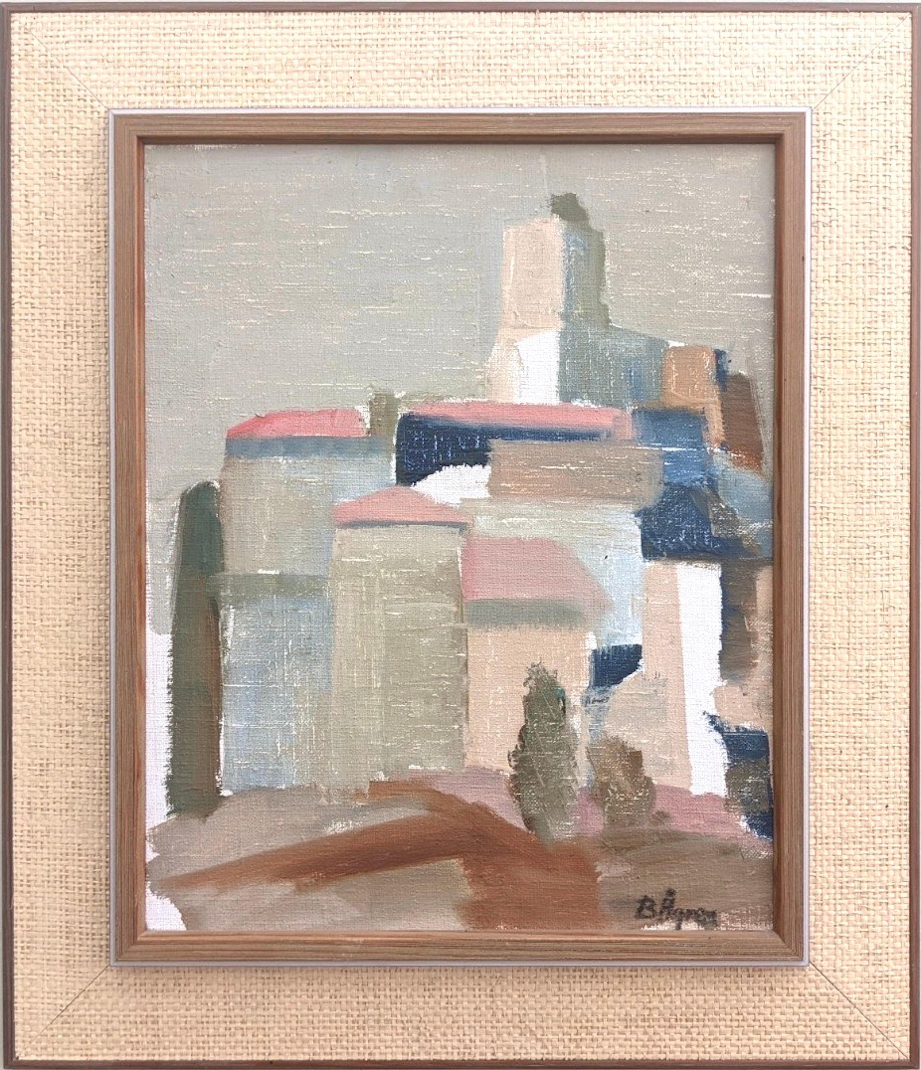 Unknown Landscape Painting - Vintage Mid-Century Framed Abstract Town Landscape Oil Painting - Urbanscape