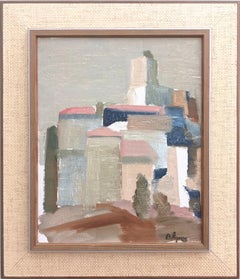 Vintage Mid-Century Framed Abstract Town Landscape Oil Painting - Urbanscape