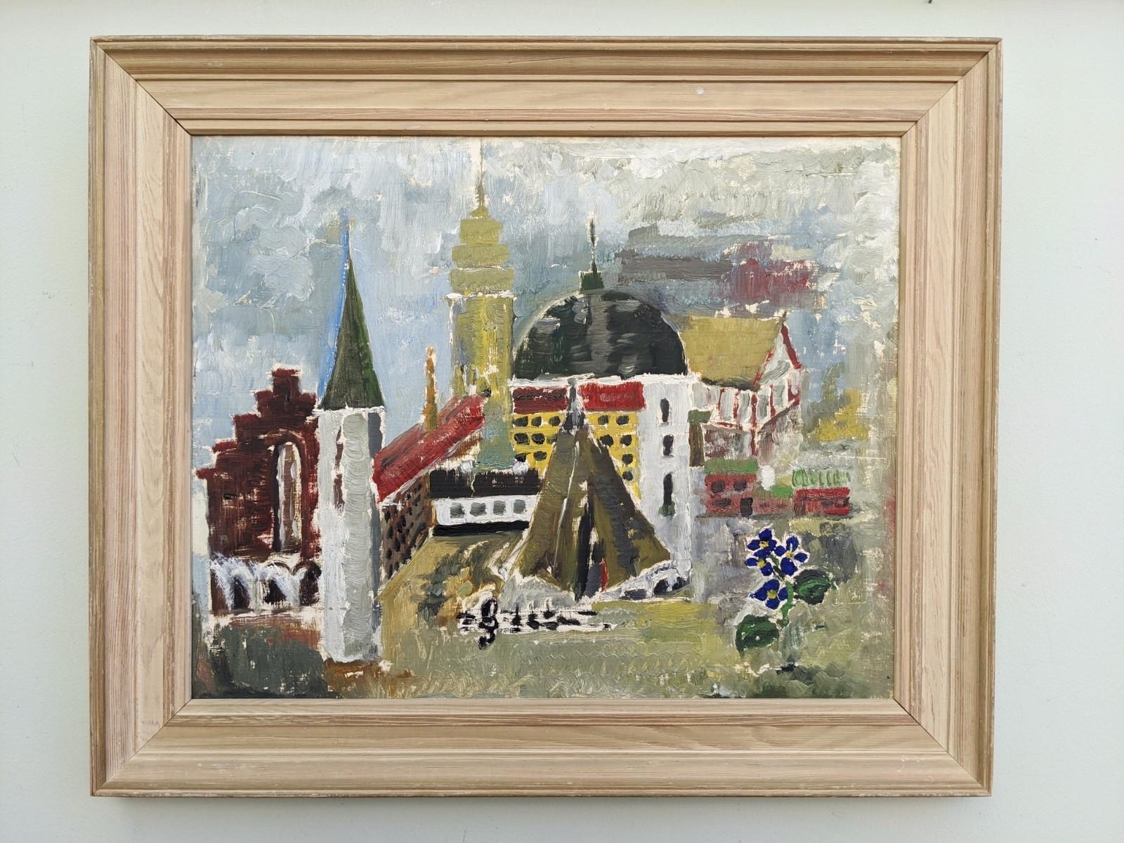 Vintage Mid-Century Framed Cityscape Oil Painting - City Views - Brown Landscape Painting by Unknown