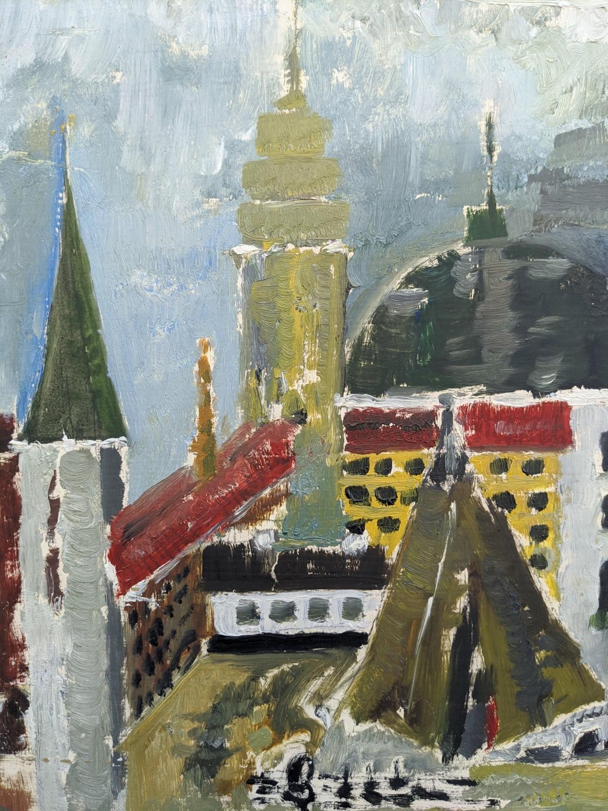 Peinture à l'huile vintage de paysage urbain encadrée du milieu du siècle - Vues de villes en vente 1
