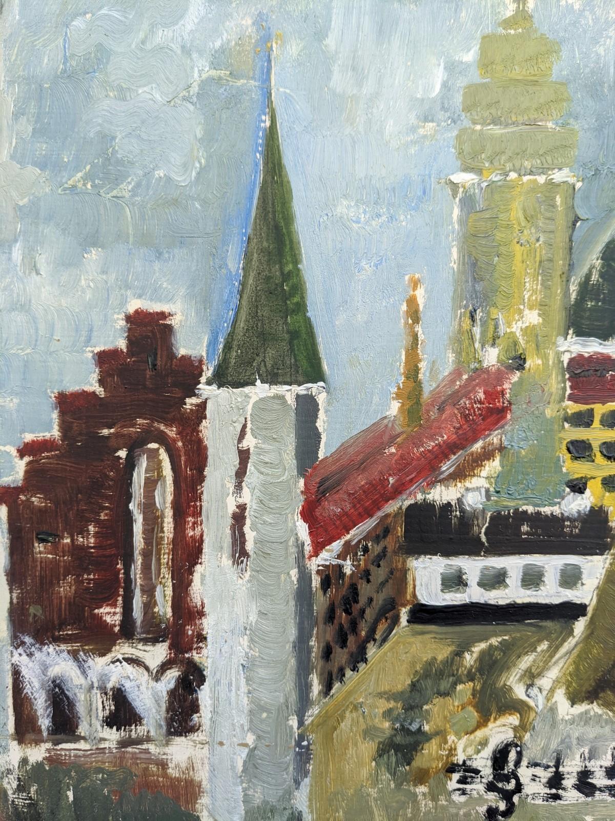 Peinture à l'huile vintage de paysage urbain encadrée du milieu du siècle - Vues de villes en vente 2