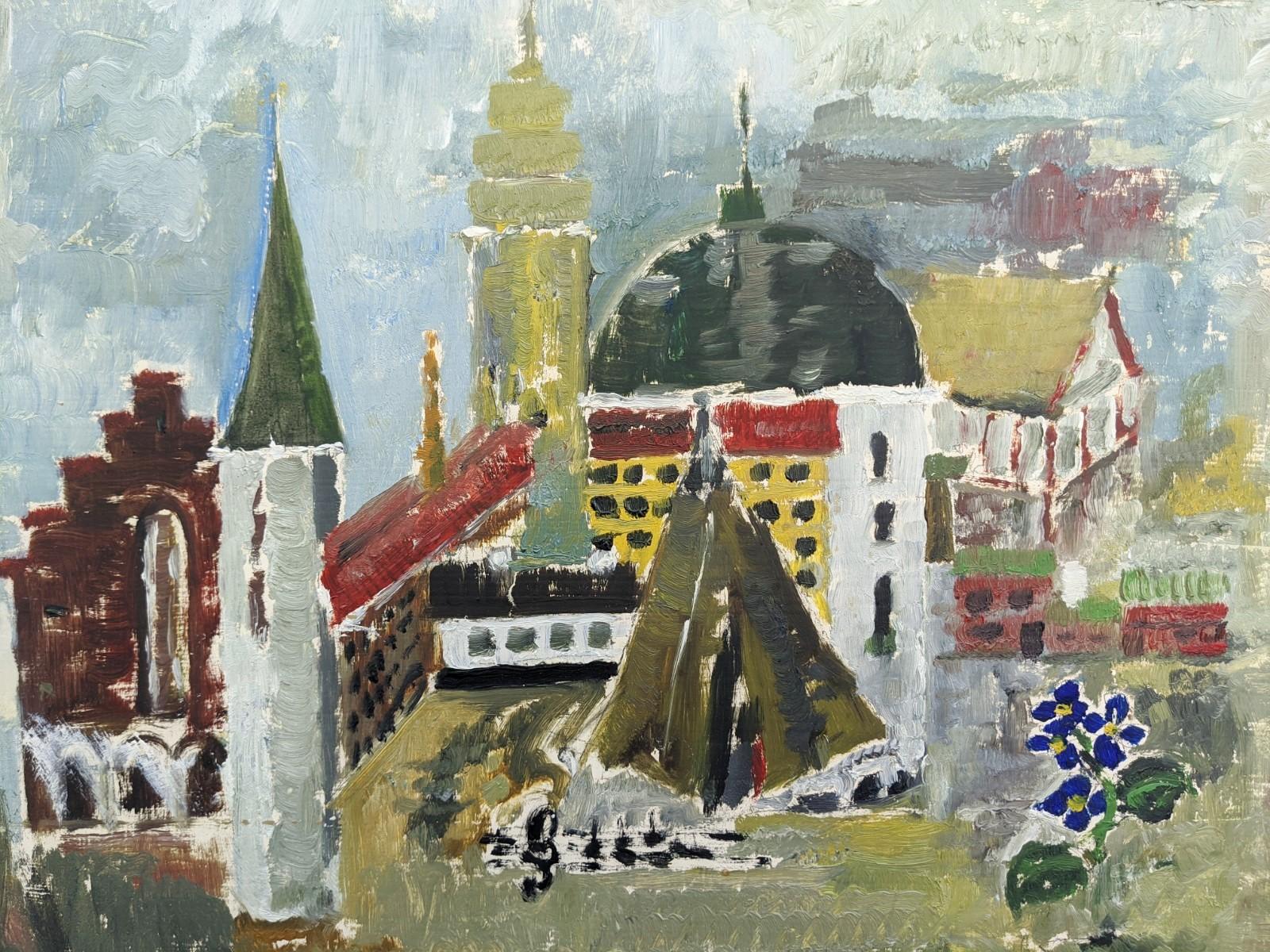 Peinture à l'huile vintage de paysage urbain encadrée du milieu du siècle - Vues de villes en vente 3
