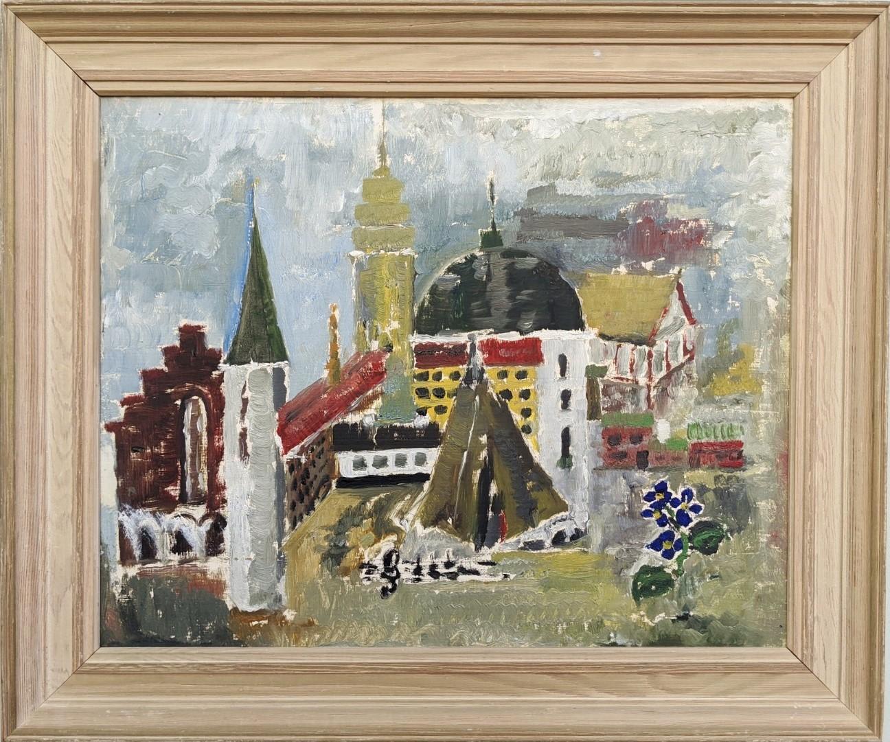 Unknown Landscape Painting - Vintage Mid-Century Framed Cityscape Oil Painting - City Views