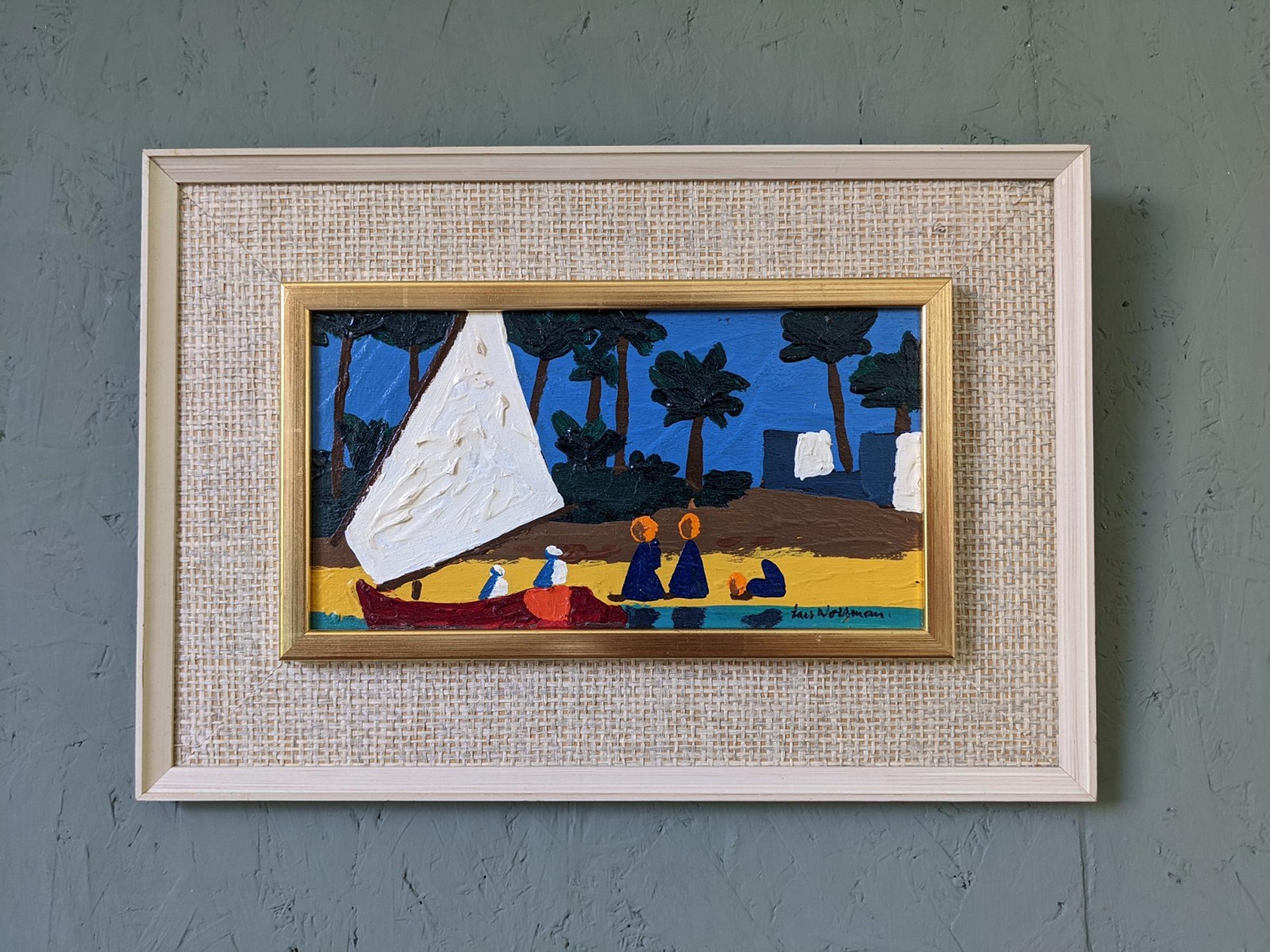 SEASIDE
Size: 28.5 x 41 cm (including frame)
Oil on Board 

A small yet impactful mid-century modernist painting, executed in oil onto board.

The composition presents a scenic and inviting view of a seaside, lined with palm trees. In the