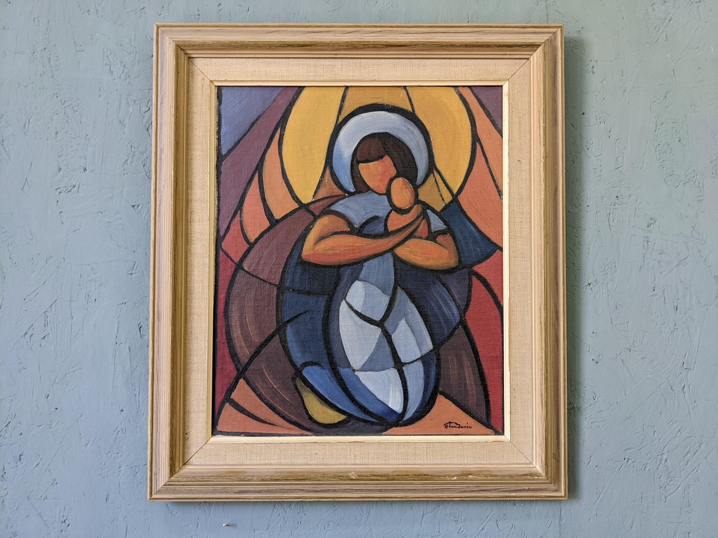 Vintage Mid-Century Framed Cubist Abstract Oil Painting - Madonna & Child 7