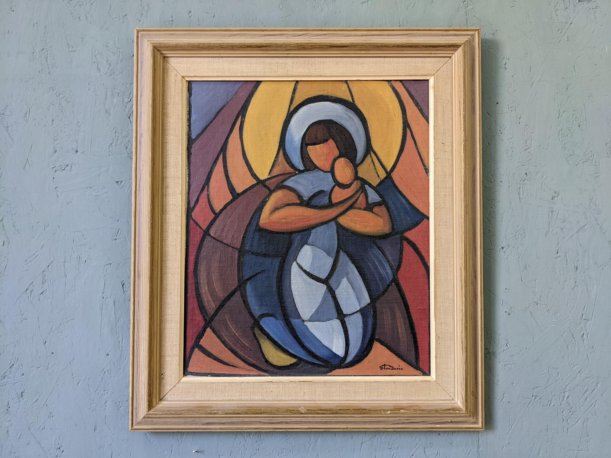 Vintage Mid-Century Framed Cubist Abstract Oil Painting - Madonna & Child - Brown Figurative Painting by Unknown