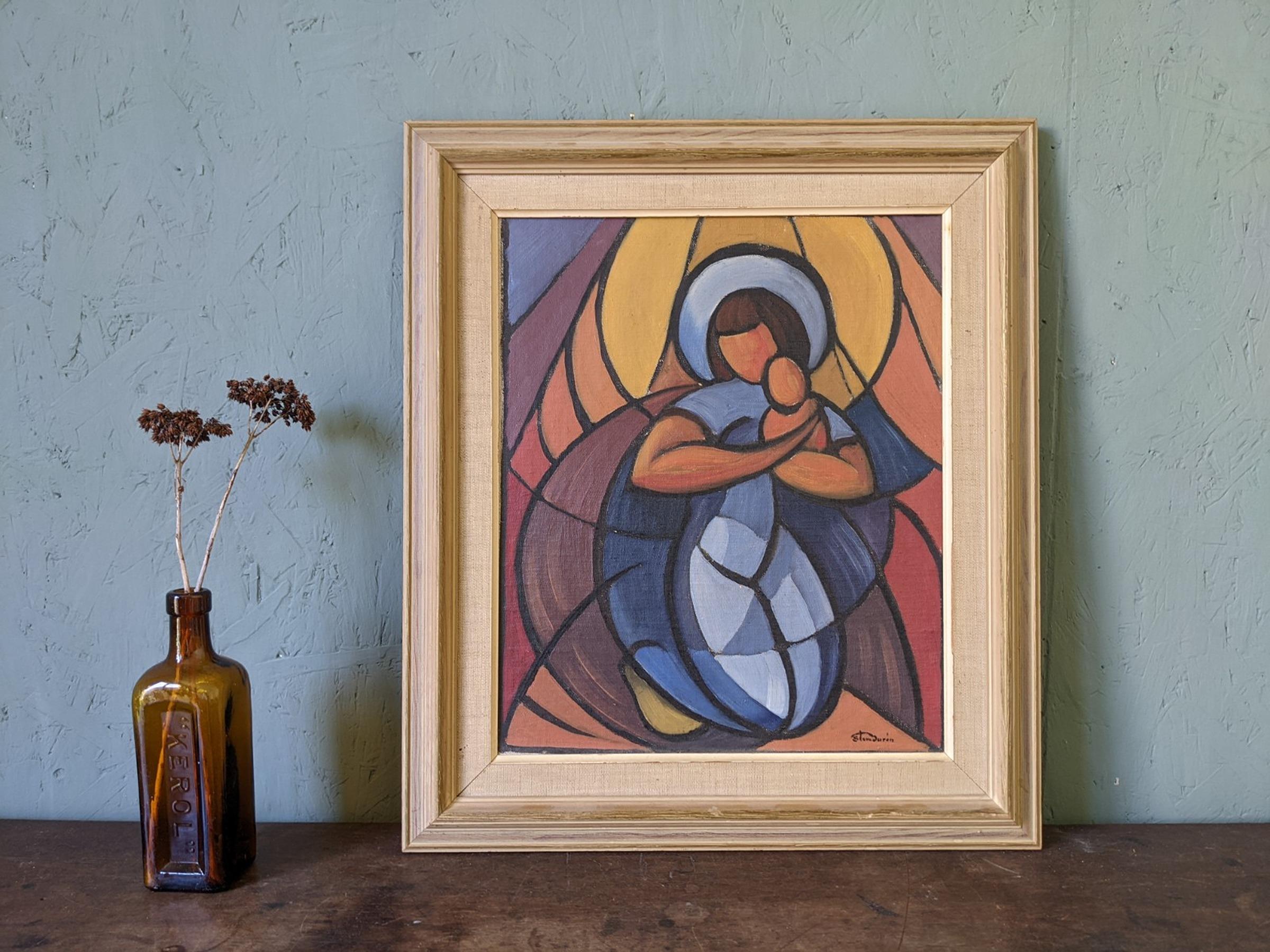 MADONNA & CHILD
Size: 48 x 41.5 cm (including frame)
Oil onto Board

An outstanding mid-century modernist figurative composition, executed in oil onto canvas board.

This painting depicts a female figure cradling a baby in her arms, and is inspired