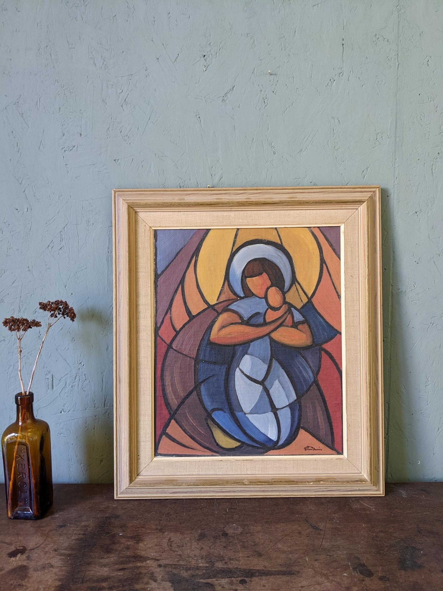 Vintage Mid-Century Framed Cubist Abstract Oil Painting - Madonna & Child 1