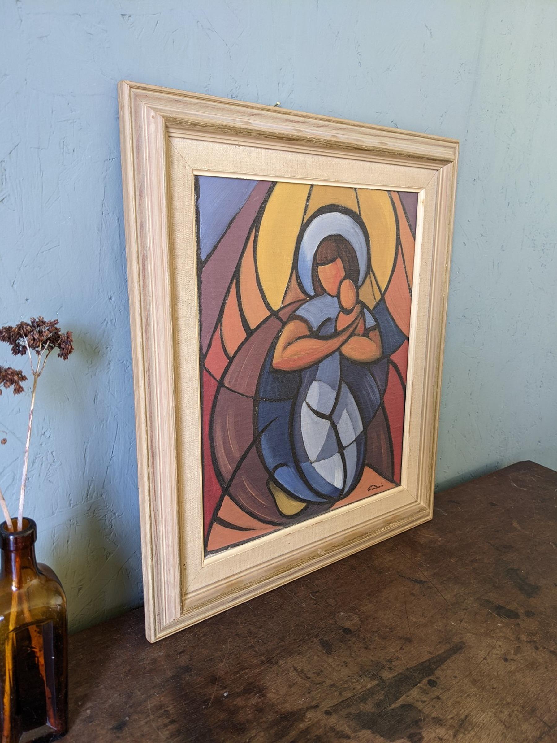 Vintage Mid-Century Framed Cubist Abstract Oil Painting - Madonna & Child 2