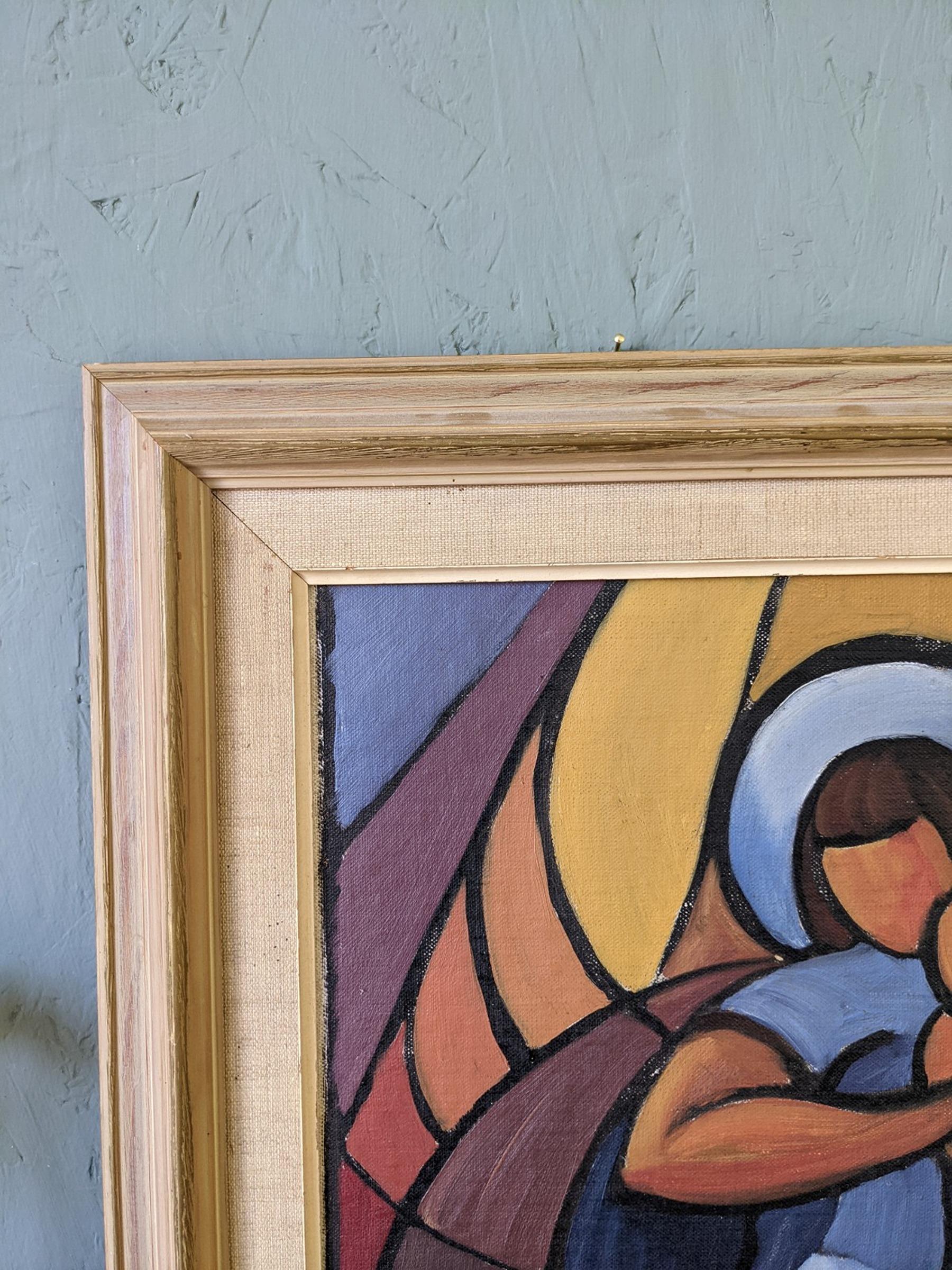 Vintage Mid-Century Framed Cubist Abstract Oil Painting - Madonna & Child 3