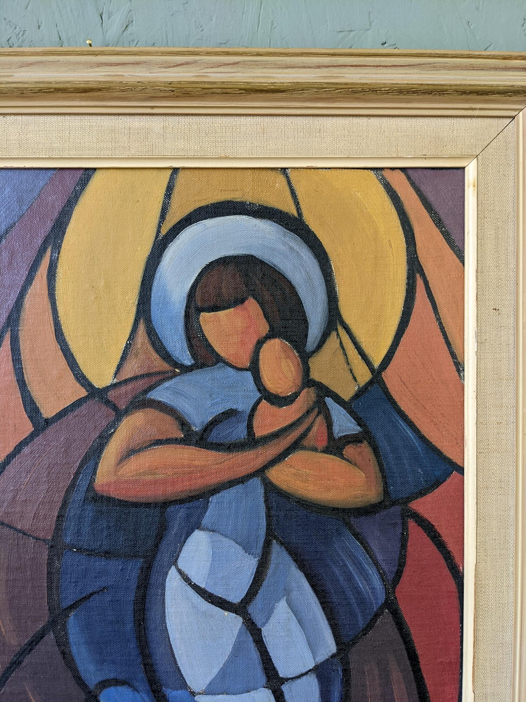 Vintage Mid-Century Framed Cubist Abstract Oil Painting - Madonna & Child 4