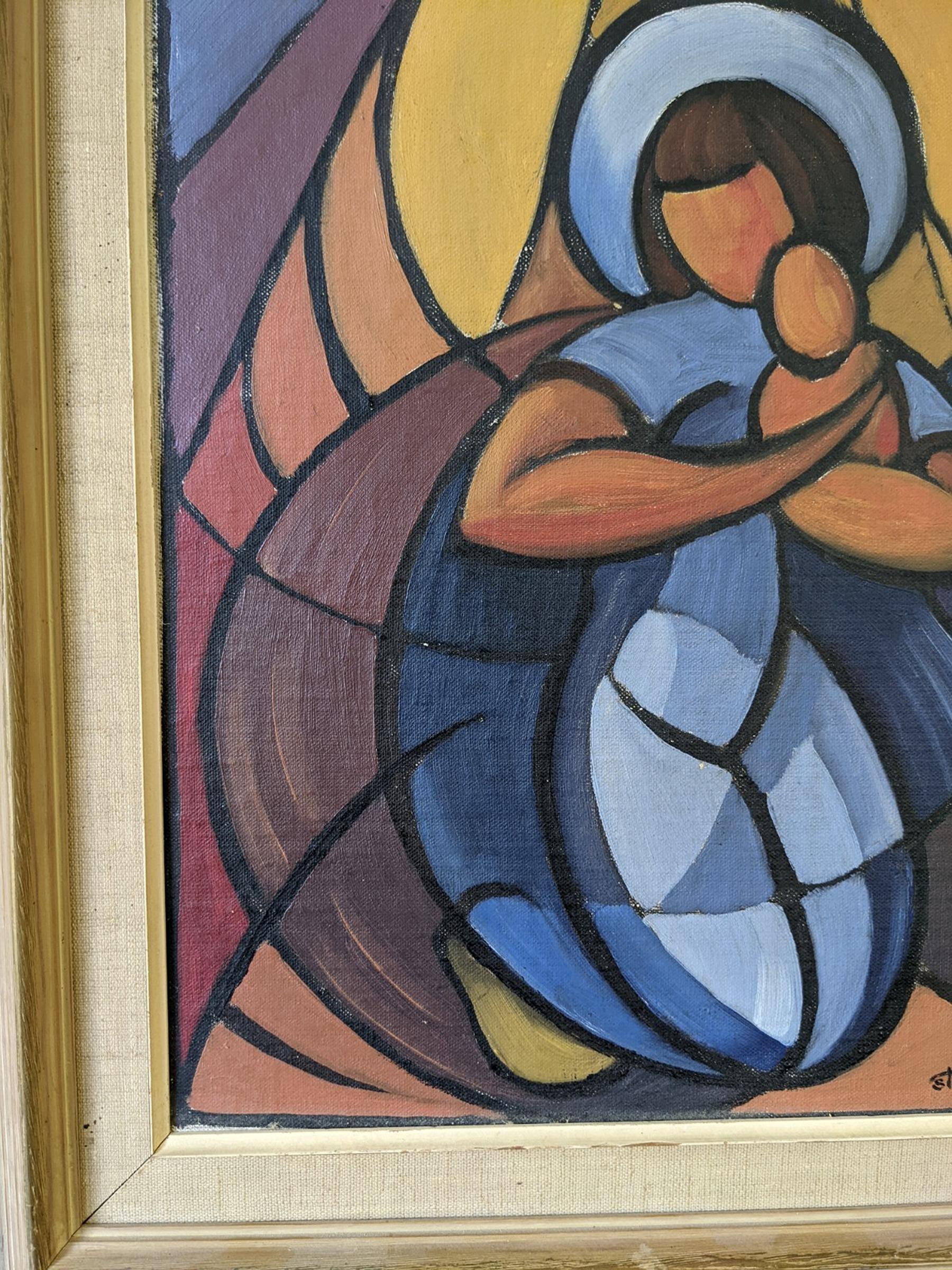 Vintage Mid-Century Framed Cubist Abstract Oil Painting - Madonna & Child 5