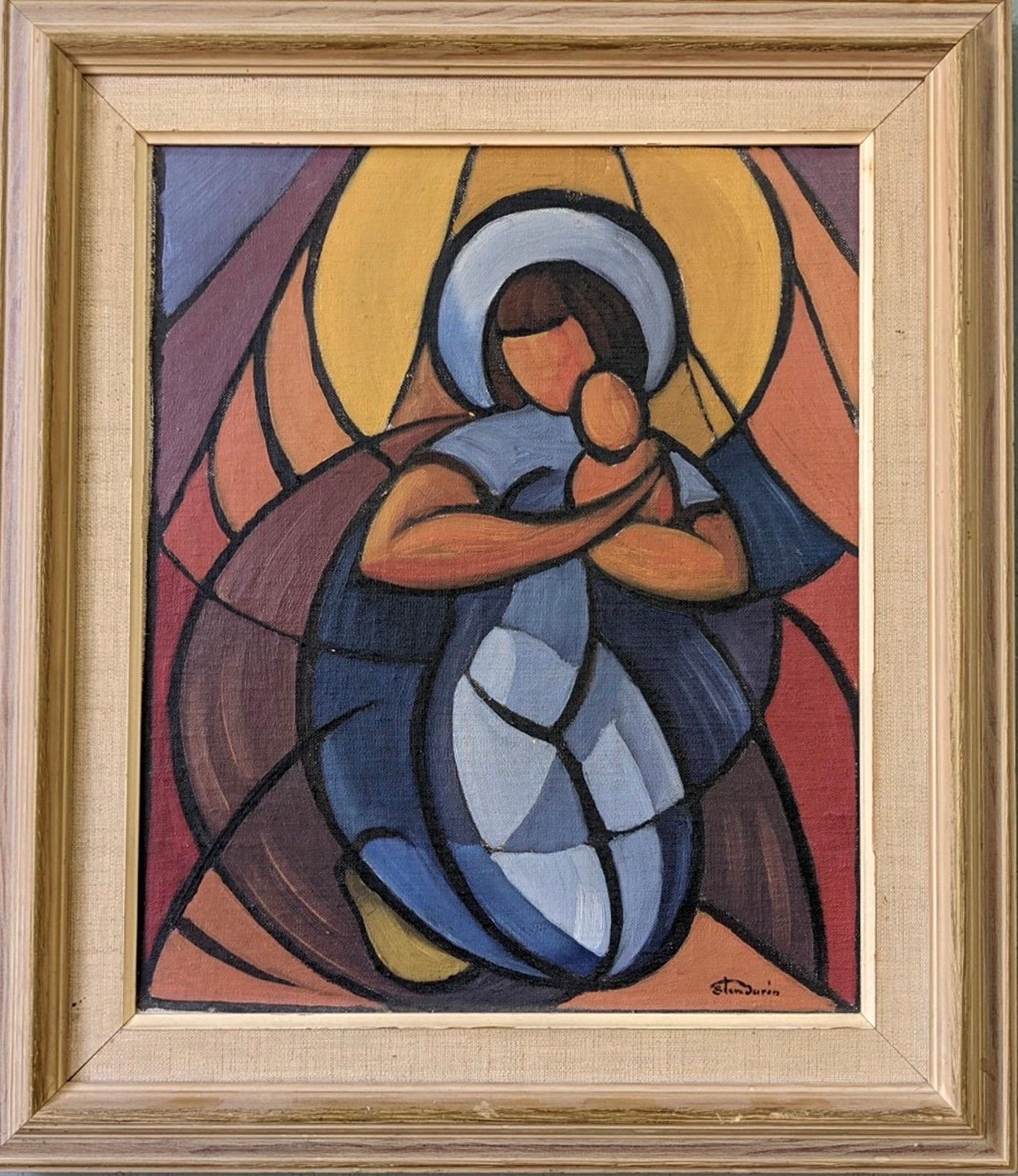 Unknown Figurative Painting - Vintage Mid-Century Framed Cubist Abstract Oil Painting - Madonna & Child