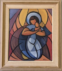 Vintage Mid-Century Framed Cubist Abstract Oil Painting - Madonna & Child