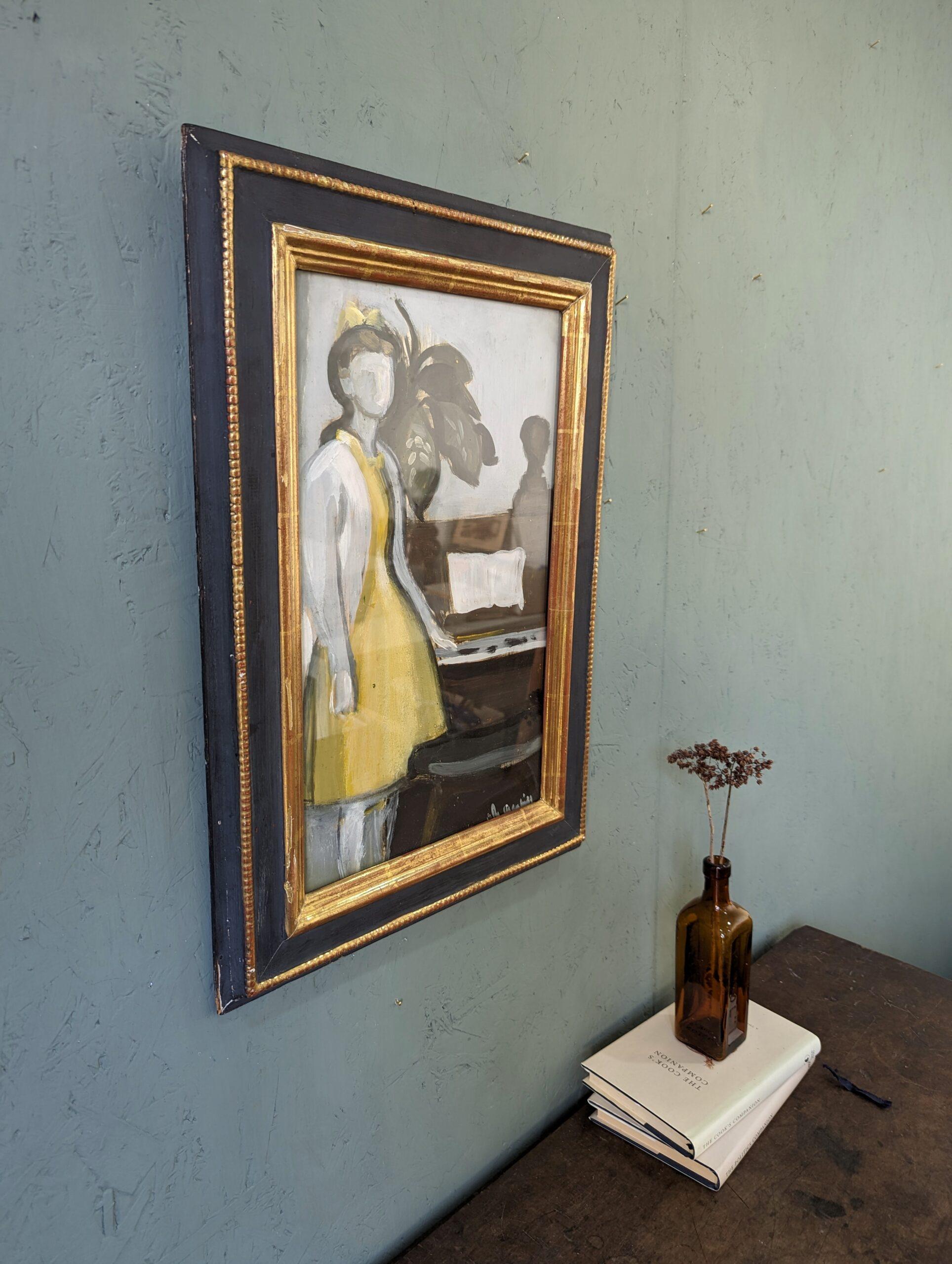 Peinture à l'huile figurative du milieu du siècle encadrée - By the Piano 6