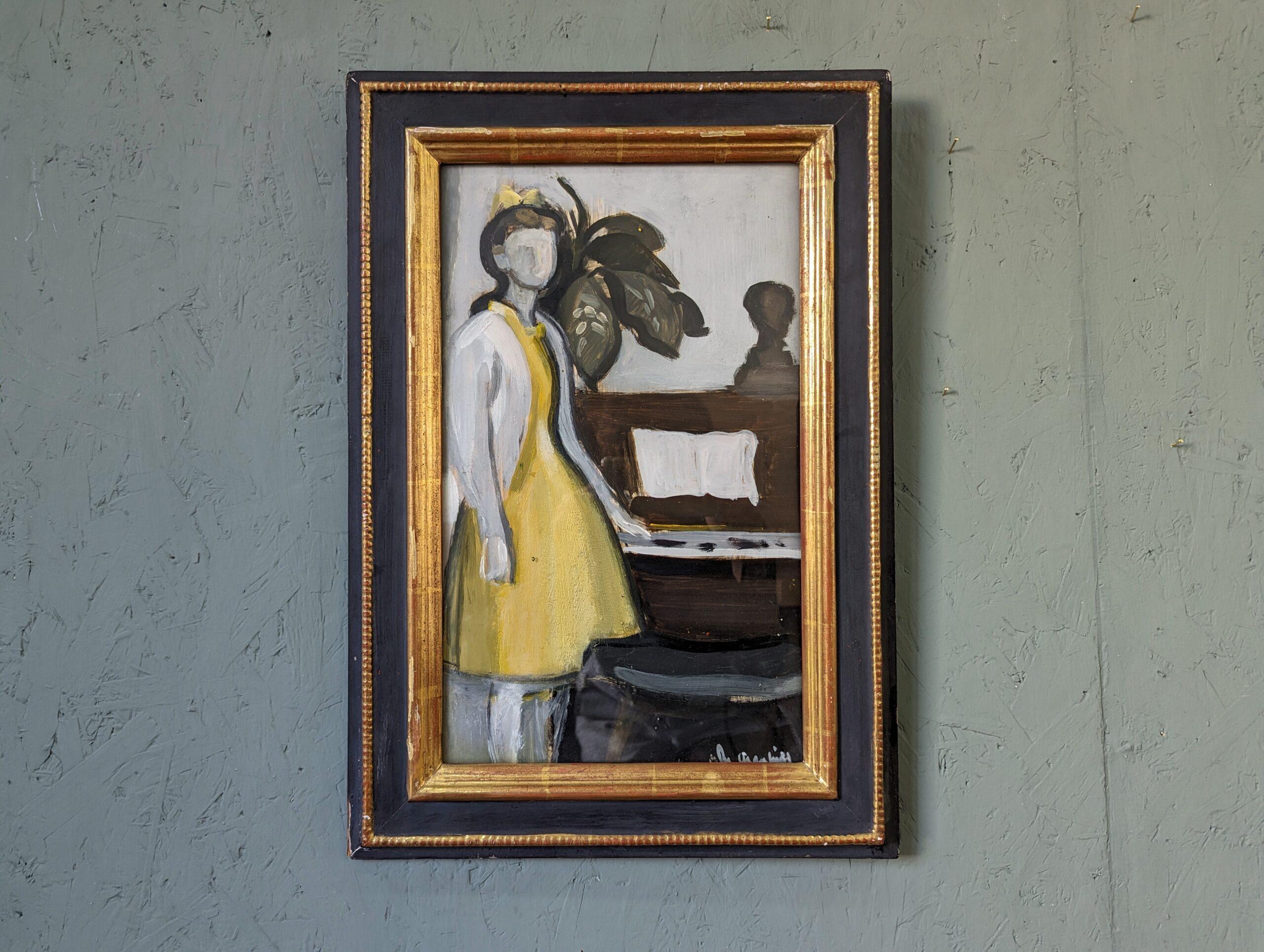 Peinture à l'huile figurative du milieu du siècle encadrée - By the Piano - Painting de Unknown