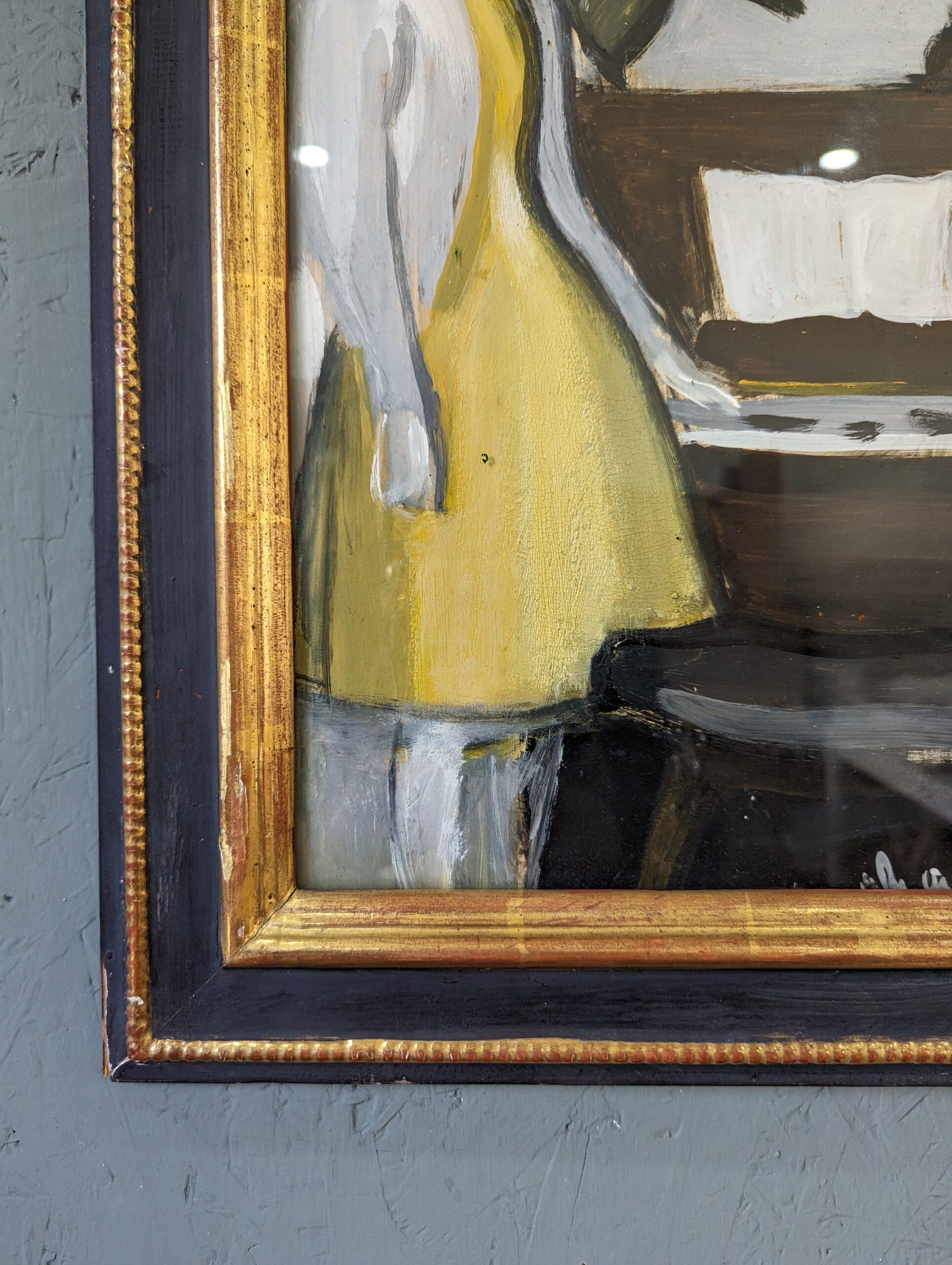 Peinture à l'huile figurative du milieu du siècle encadrée - By the Piano 2