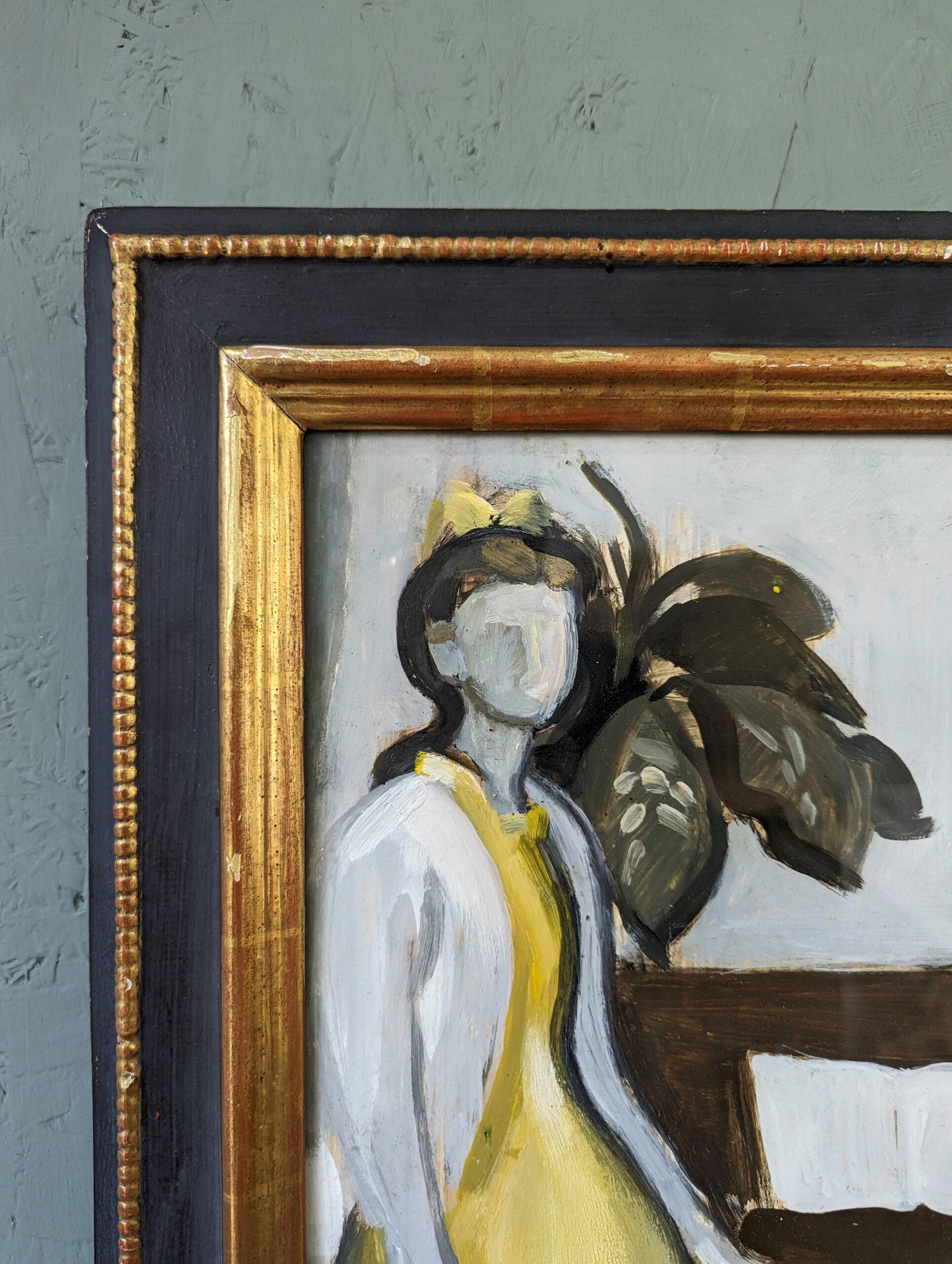 Peinture à l'huile figurative du milieu du siècle encadrée - By the Piano 3
