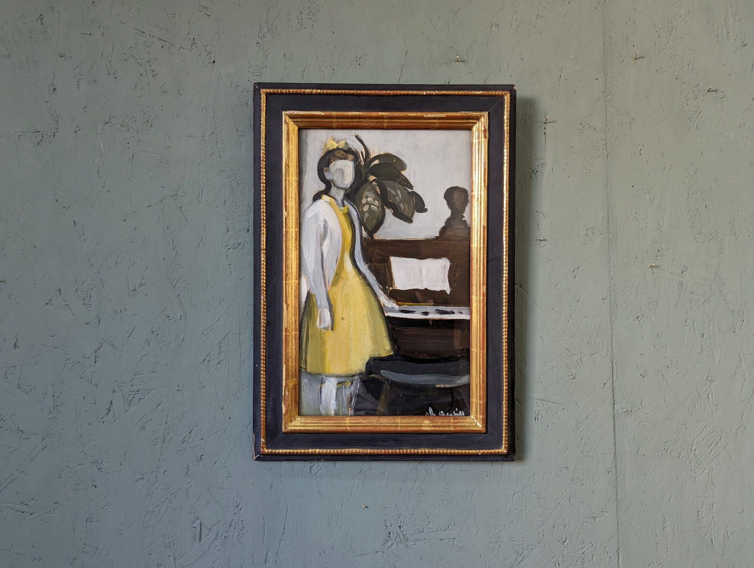 Peinture à l'huile figurative du milieu du siècle encadrée - By the Piano 4