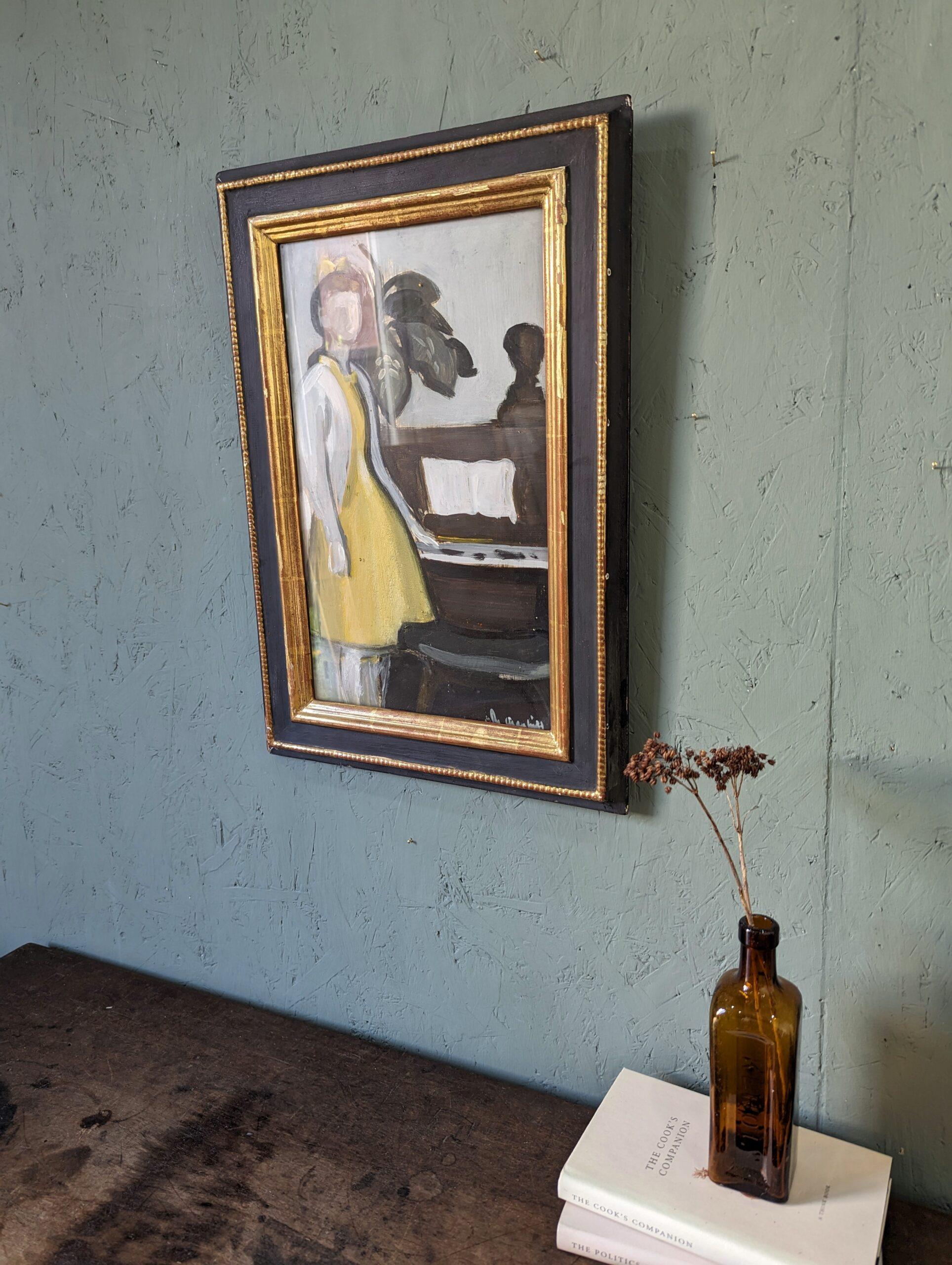 Peinture à l'huile figurative du milieu du siècle encadrée - By the Piano 5