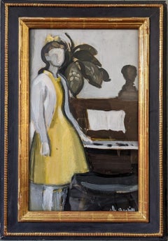 Vintage Mid-Century Framed Figurative Oil Painting - By the Piano
