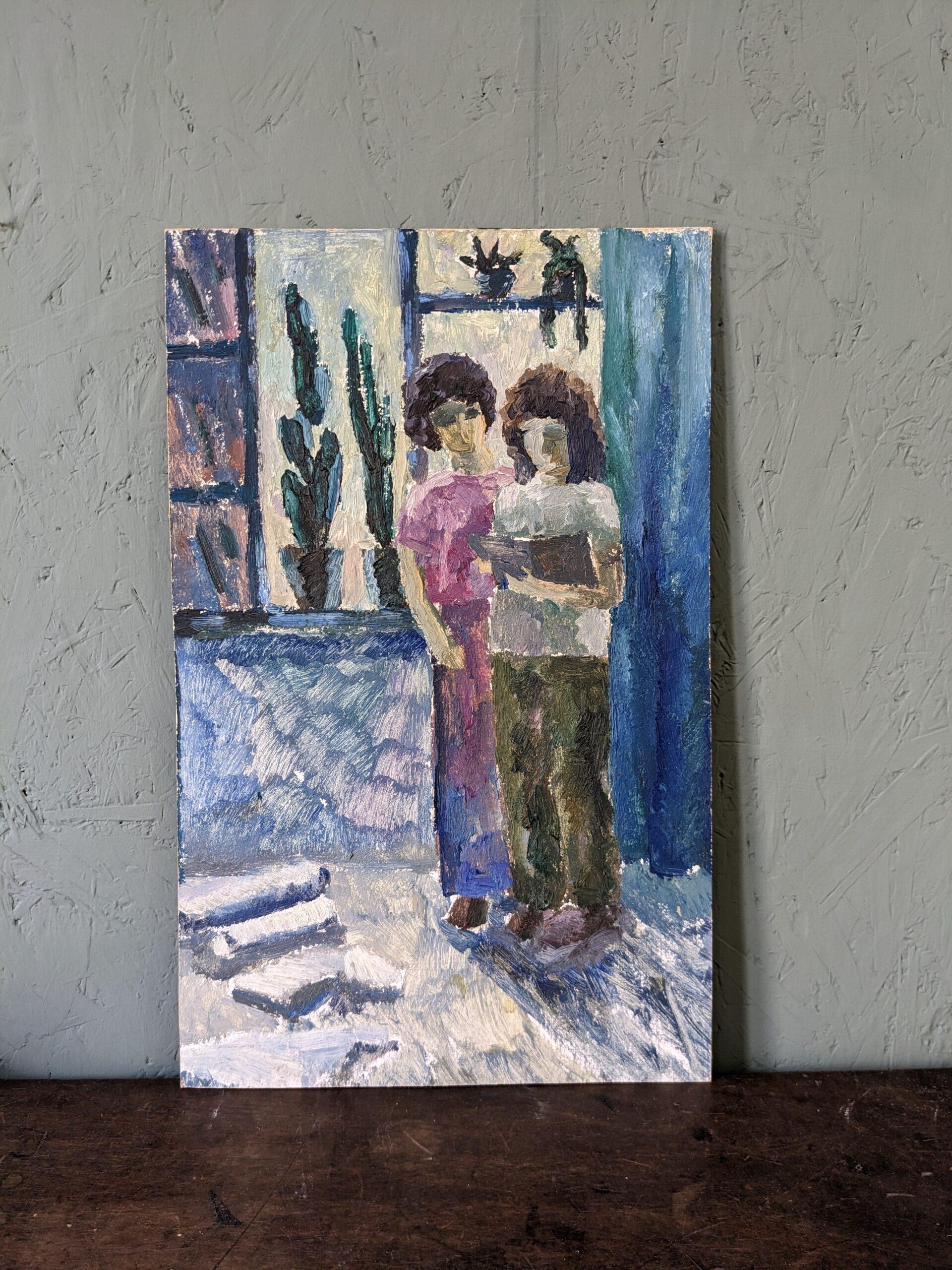 DOUBLE SIDED PORTRAIT I
Size: 48 x 30cm unframed
Oil on board

An intriguing double sided oil on board: one side depicts a pair of women looking into a book, and the other side features a striking single portrait of a woman.

The painting of the two