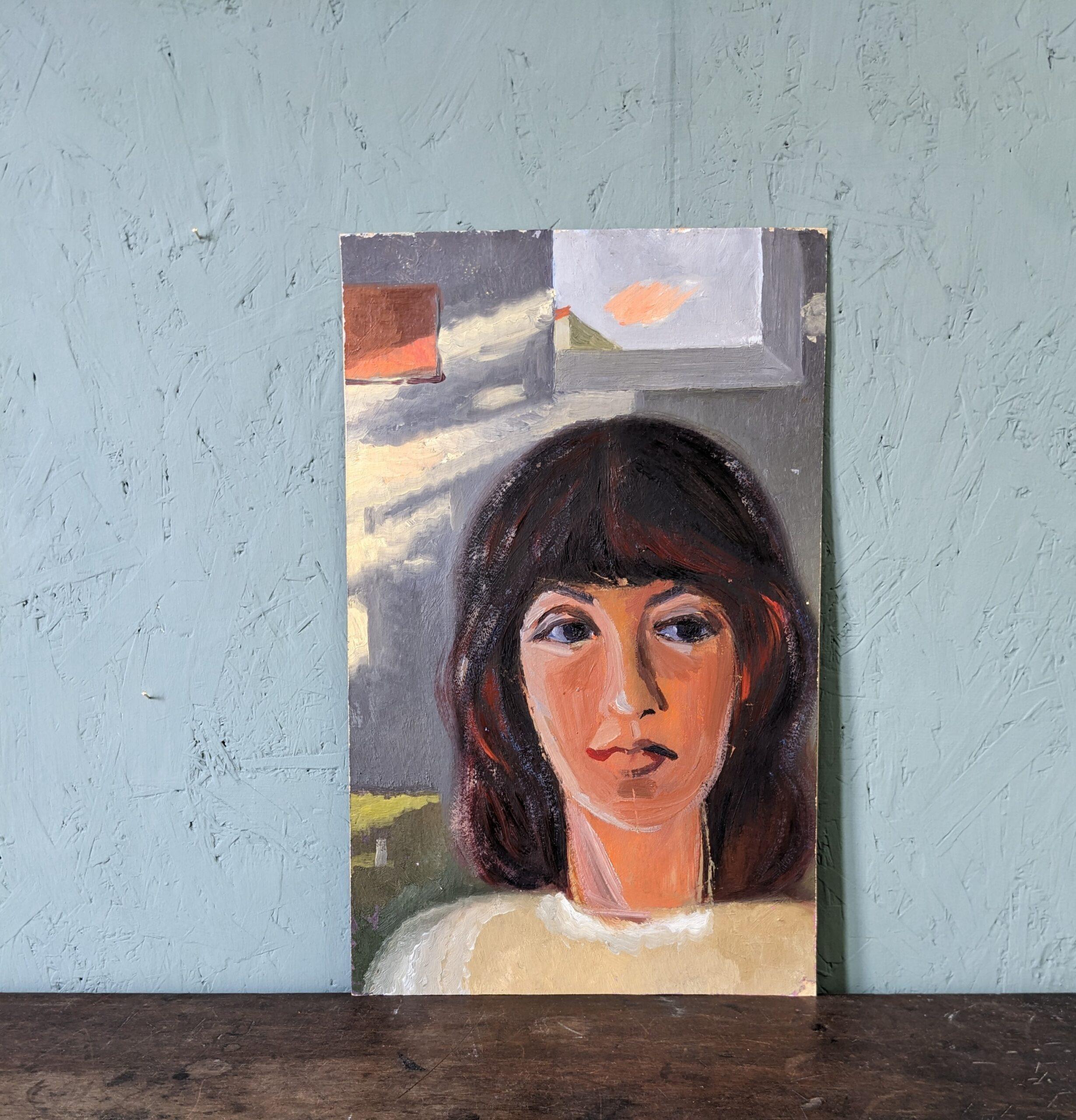 DOUBLE SIDED PORTRAIT II
Size: 48 x 30cm unframed
Oil on board

An intriguing double sided oil on board: one side depicts a pair of women looking into a book, and the other side features a striking single portrait of a woman.

The painting of the
