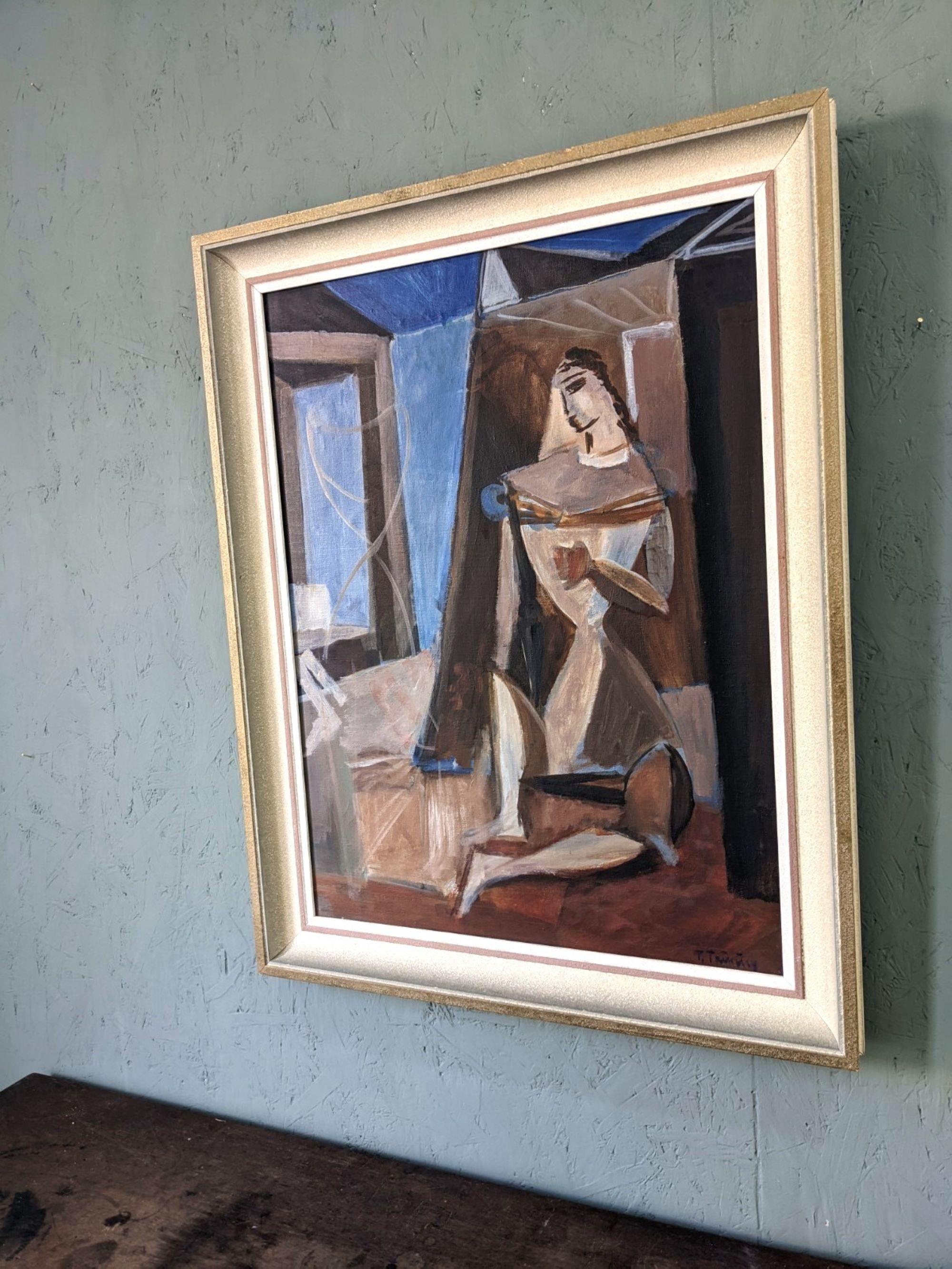 CUBIST FIGURE
Size: 73 x 56.5 cm (including frame)
Oil on canvas

A large and brilliantly executed mid century cubist figure composition, painted in oil onto canvas.

Reminiscent of cubist works by Pablo Picasso, this painting also features